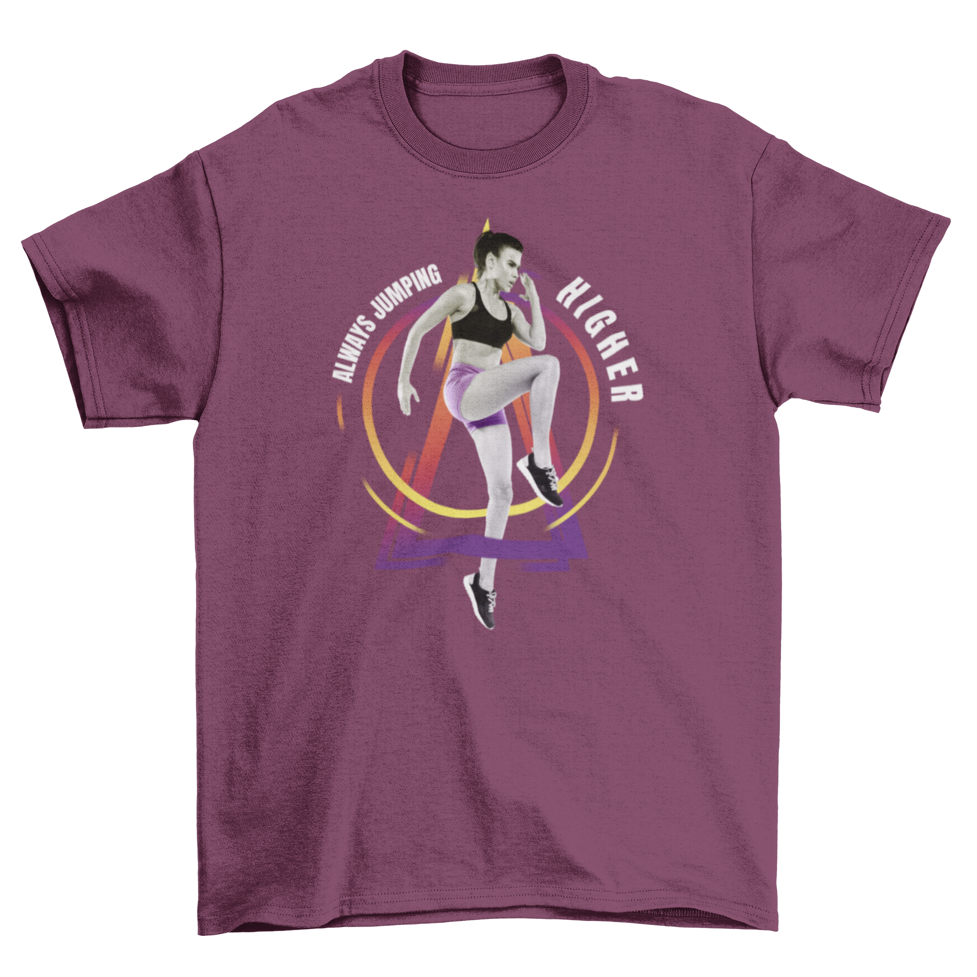 Woman athlete fitness sport t-shirt featuring a graphic of a woman exercising with the quote 'Always jumping higher'.