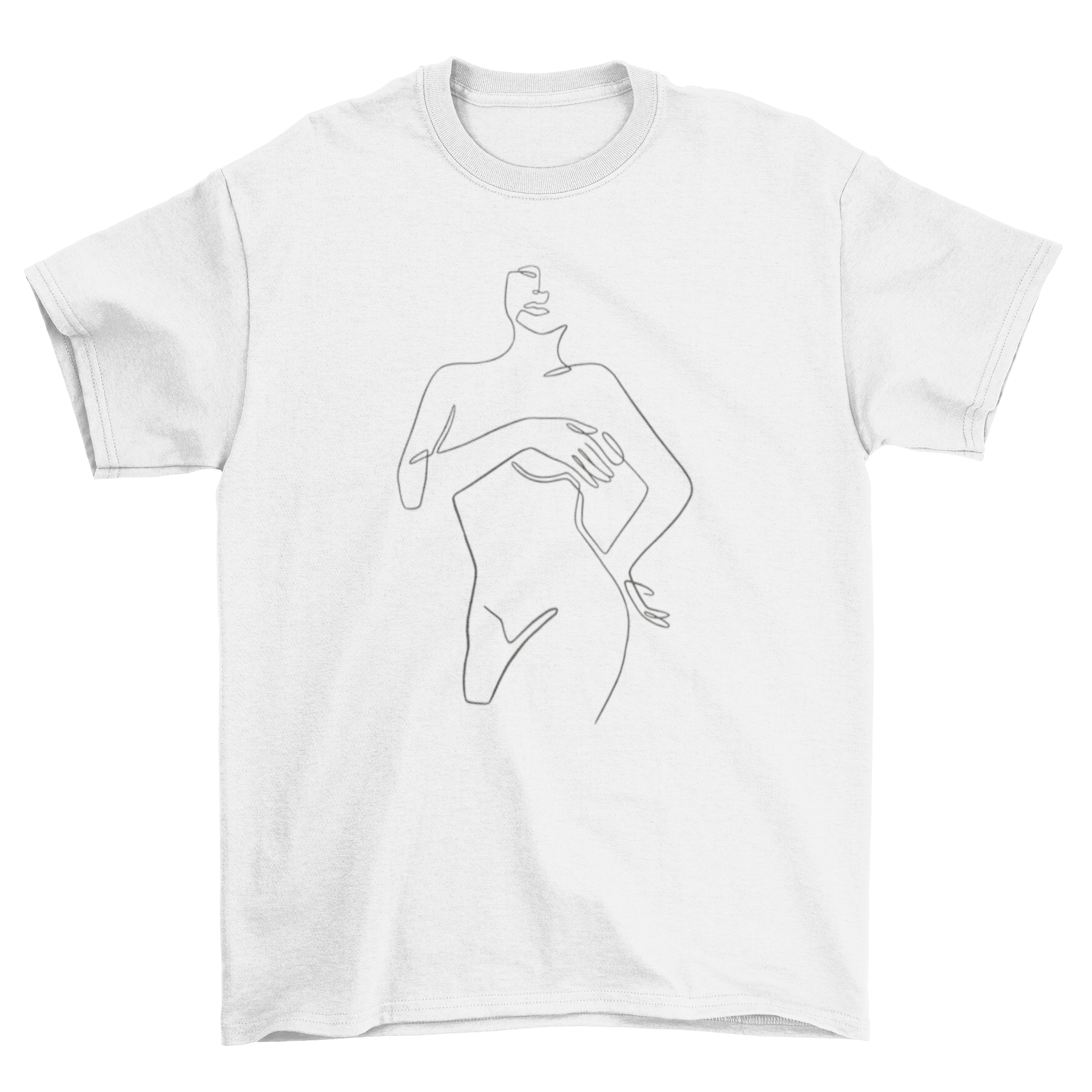 A stylish t-shirt featuring a continuous line drawing of a woman's body, showcasing modern art and fashion.