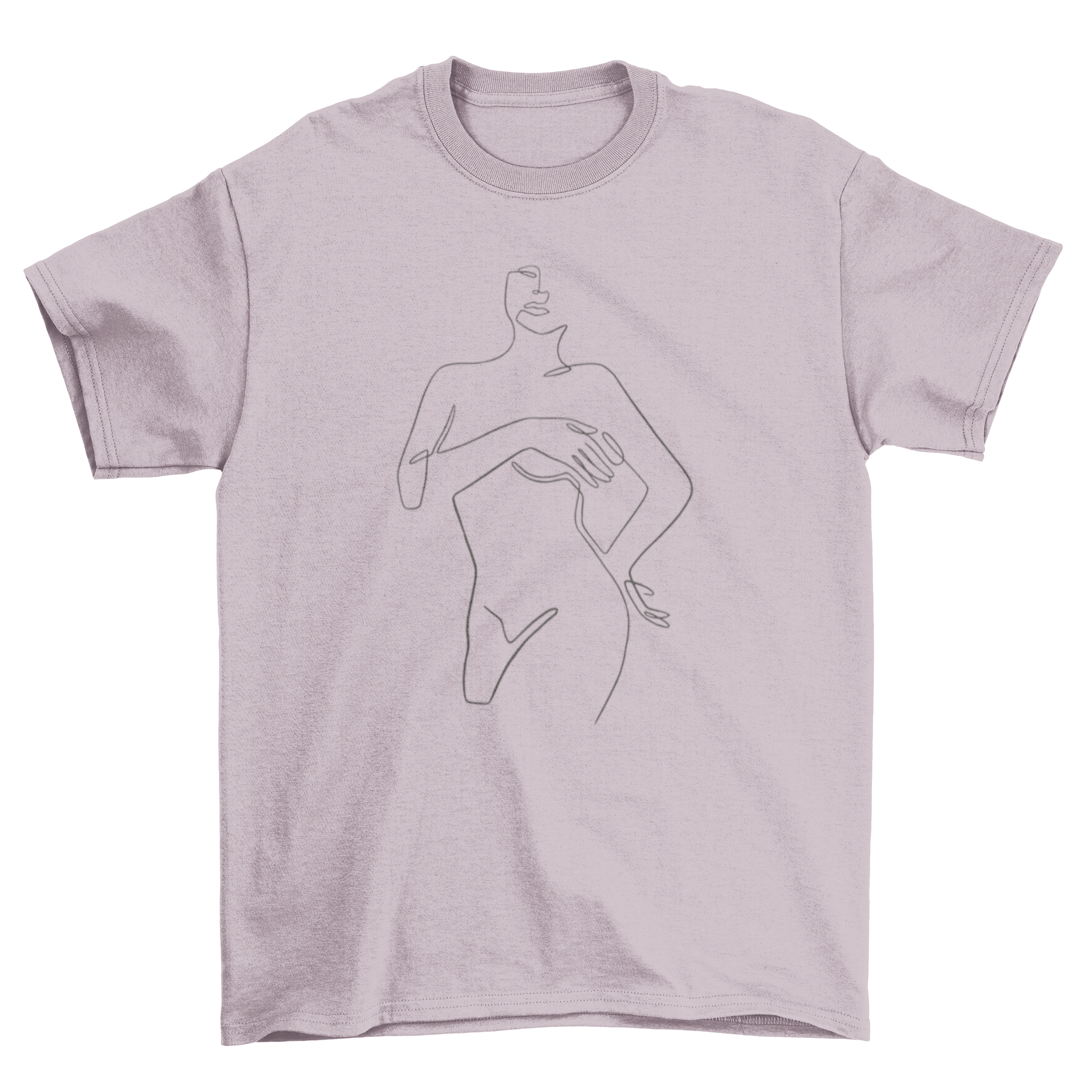 A stylish t-shirt featuring a continuous line drawing of a woman's body, showcasing modern art and fashion.