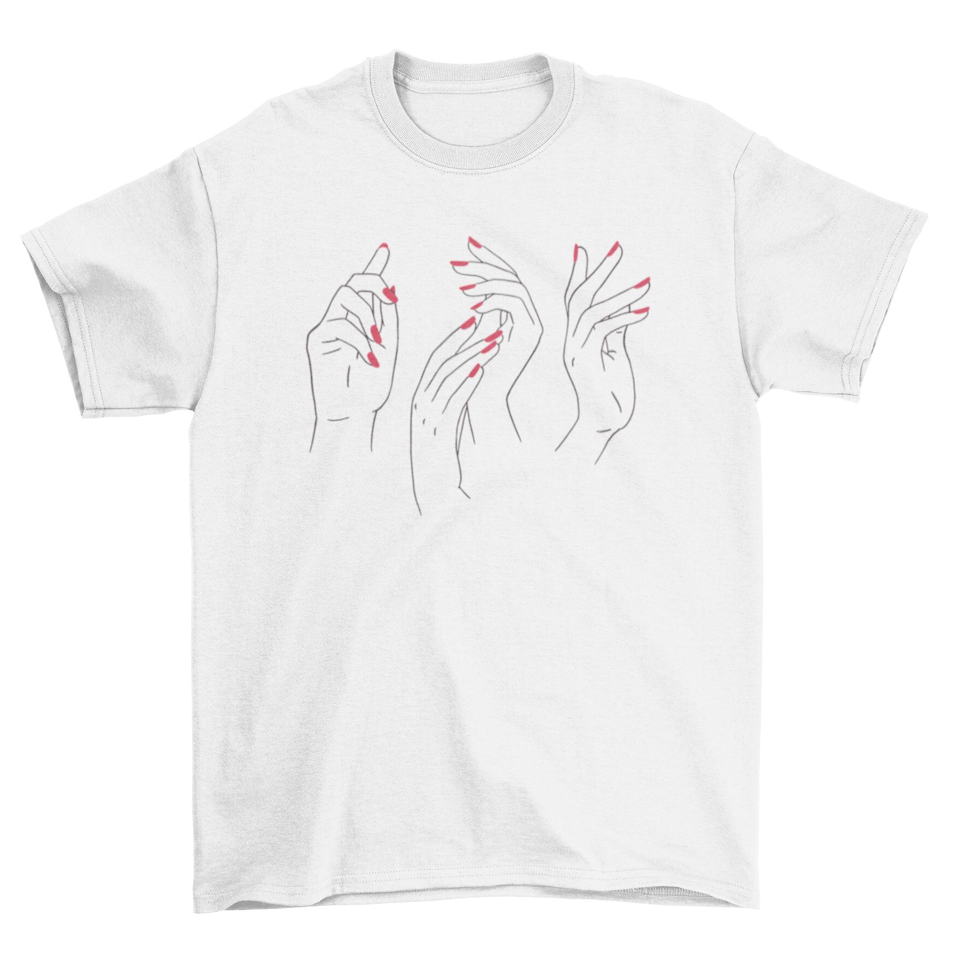 A stylish t-shirt featuring a design of woman's hands with red nail polish, showcasing elegance and individuality.