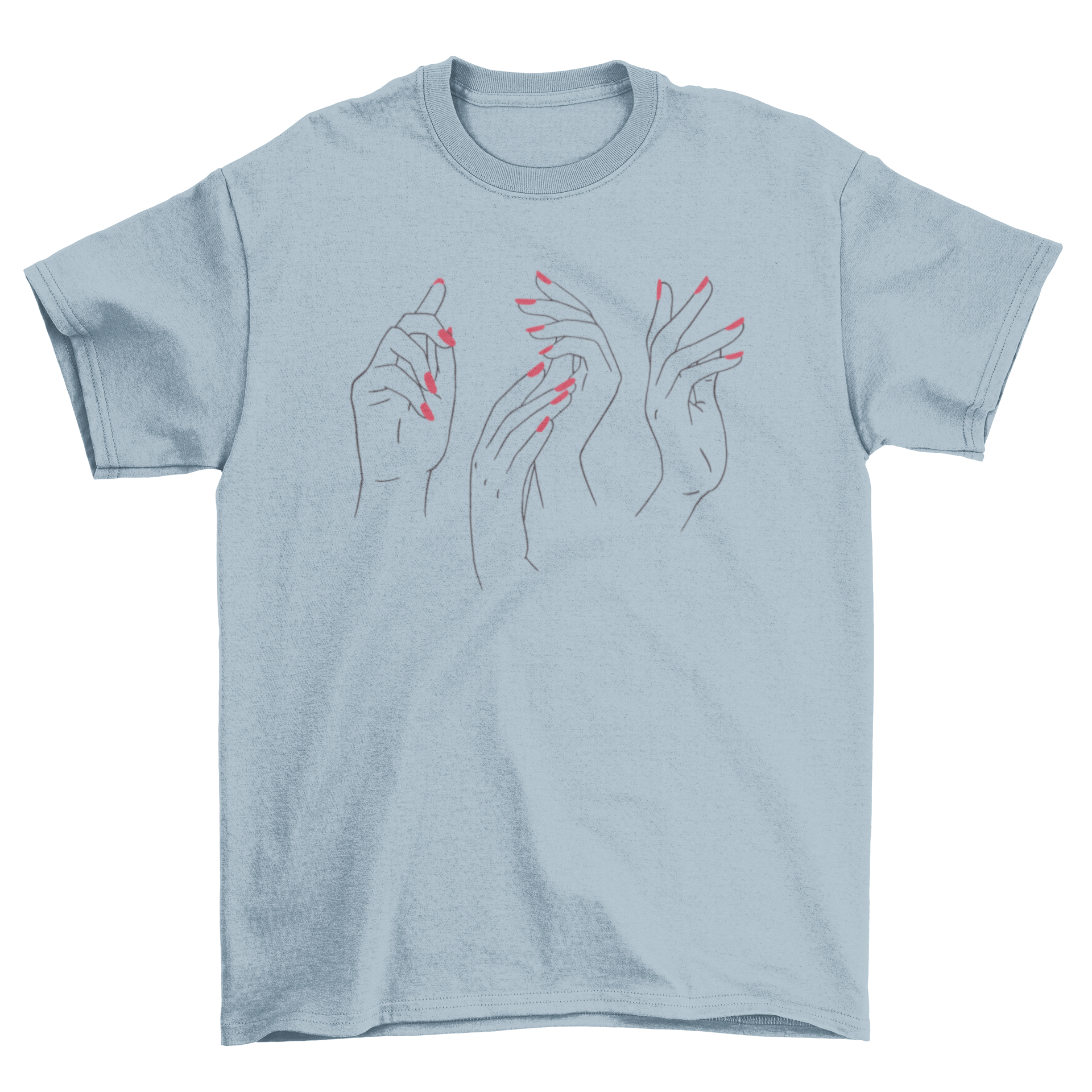 A stylish t-shirt featuring a design of woman's hands with red nail polish, showcasing elegance and individuality.