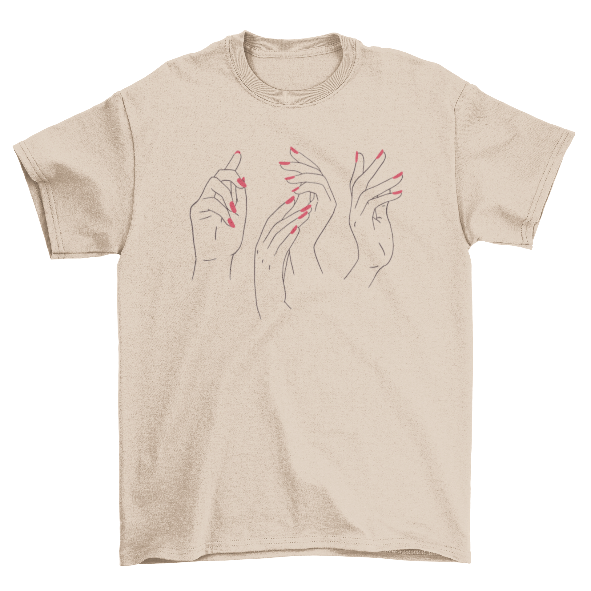 A stylish t-shirt featuring a design of woman's hands with red nail polish, showcasing elegance and individuality.