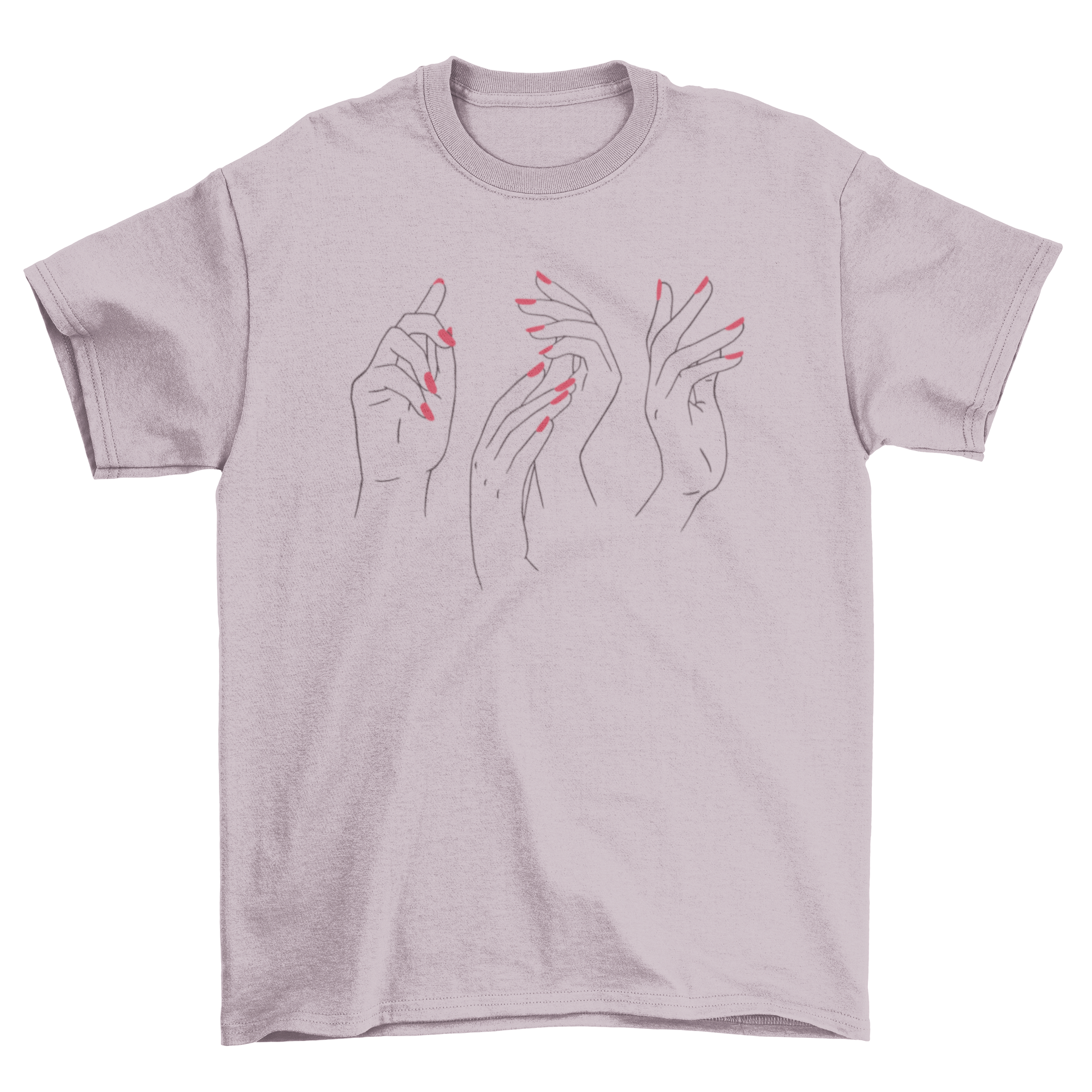 A stylish t-shirt featuring a design of woman's hands with red nail polish, showcasing elegance and individuality.