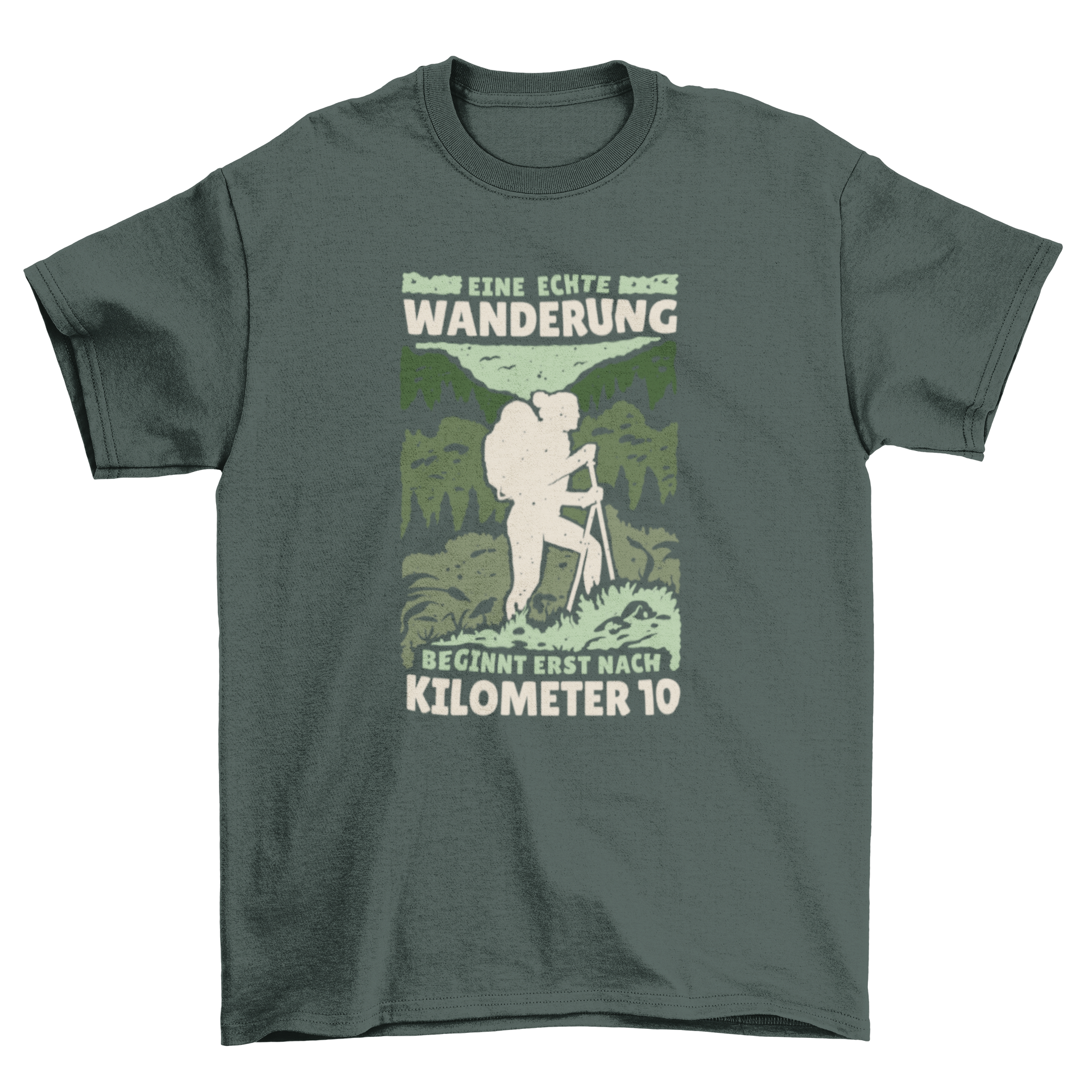 A woman hiking in a lush green forest, wearing a stylish t-shirt with a motivational German quote about hiking.