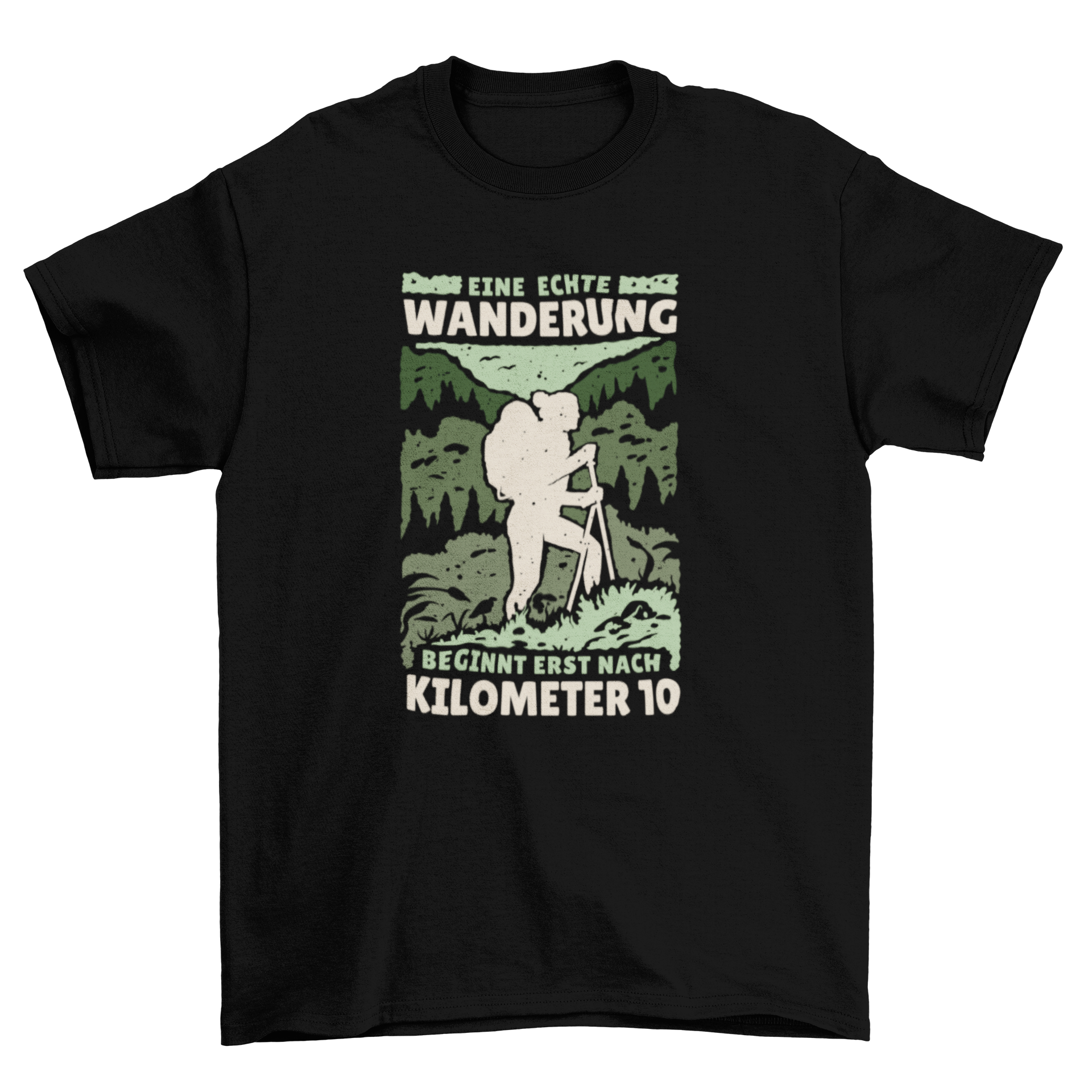 A woman hiking in a lush green forest, wearing a stylish t-shirt with a motivational German quote about hiking.