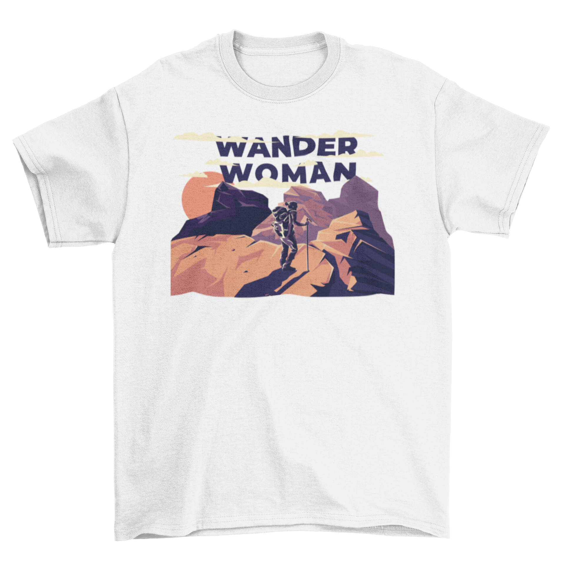 A stylish t-shirt featuring a woman hiking in the mountains, showcasing adventure and nature.