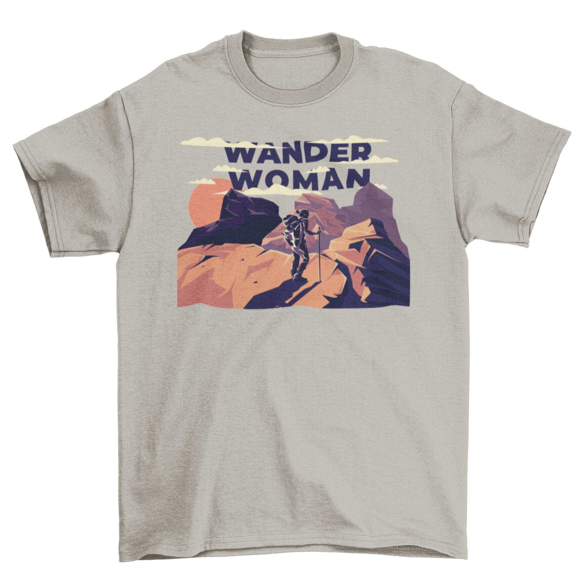 A stylish t-shirt featuring a woman hiking in the mountains, showcasing adventure and nature.