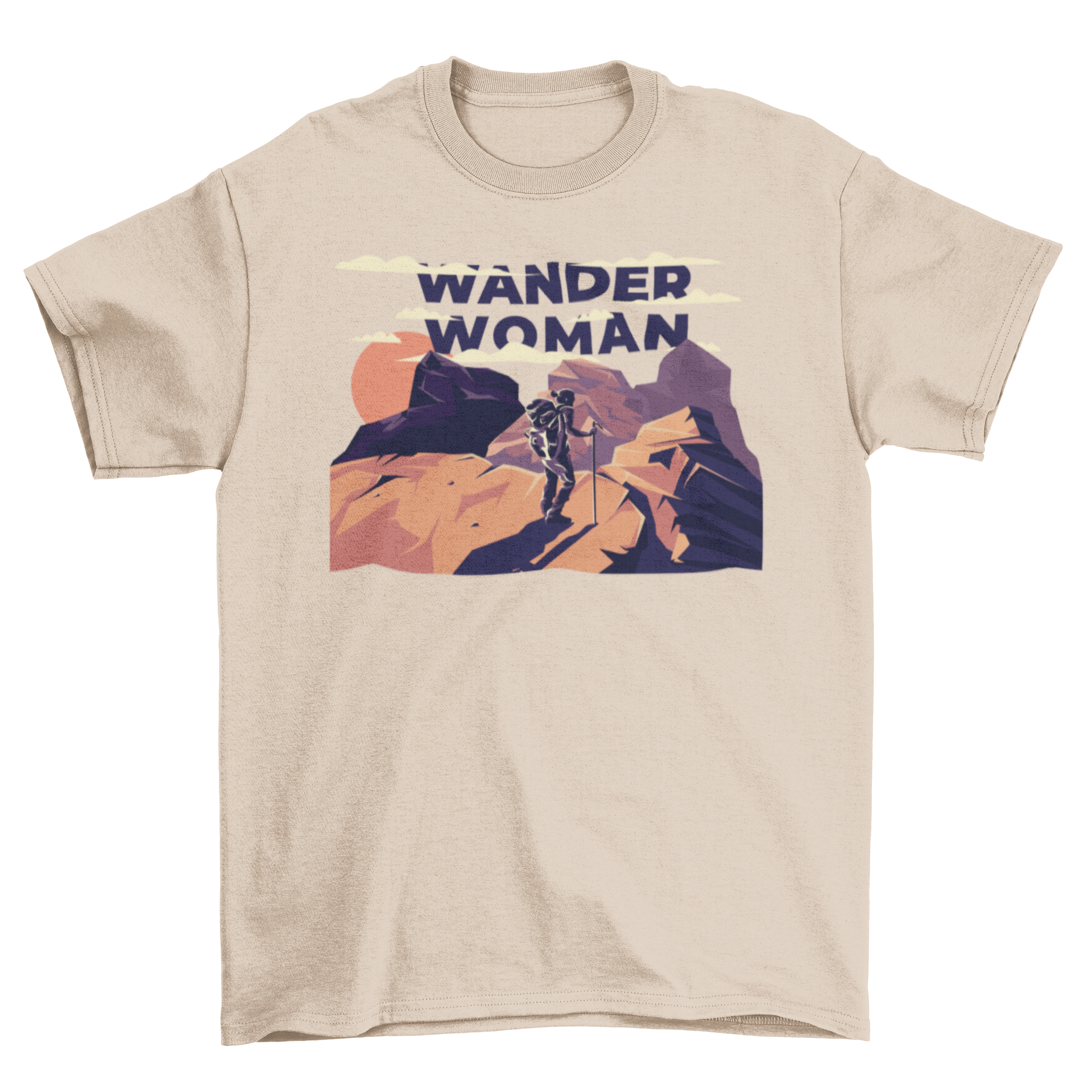 A stylish t-shirt featuring a woman hiking in the mountains, showcasing adventure and nature.