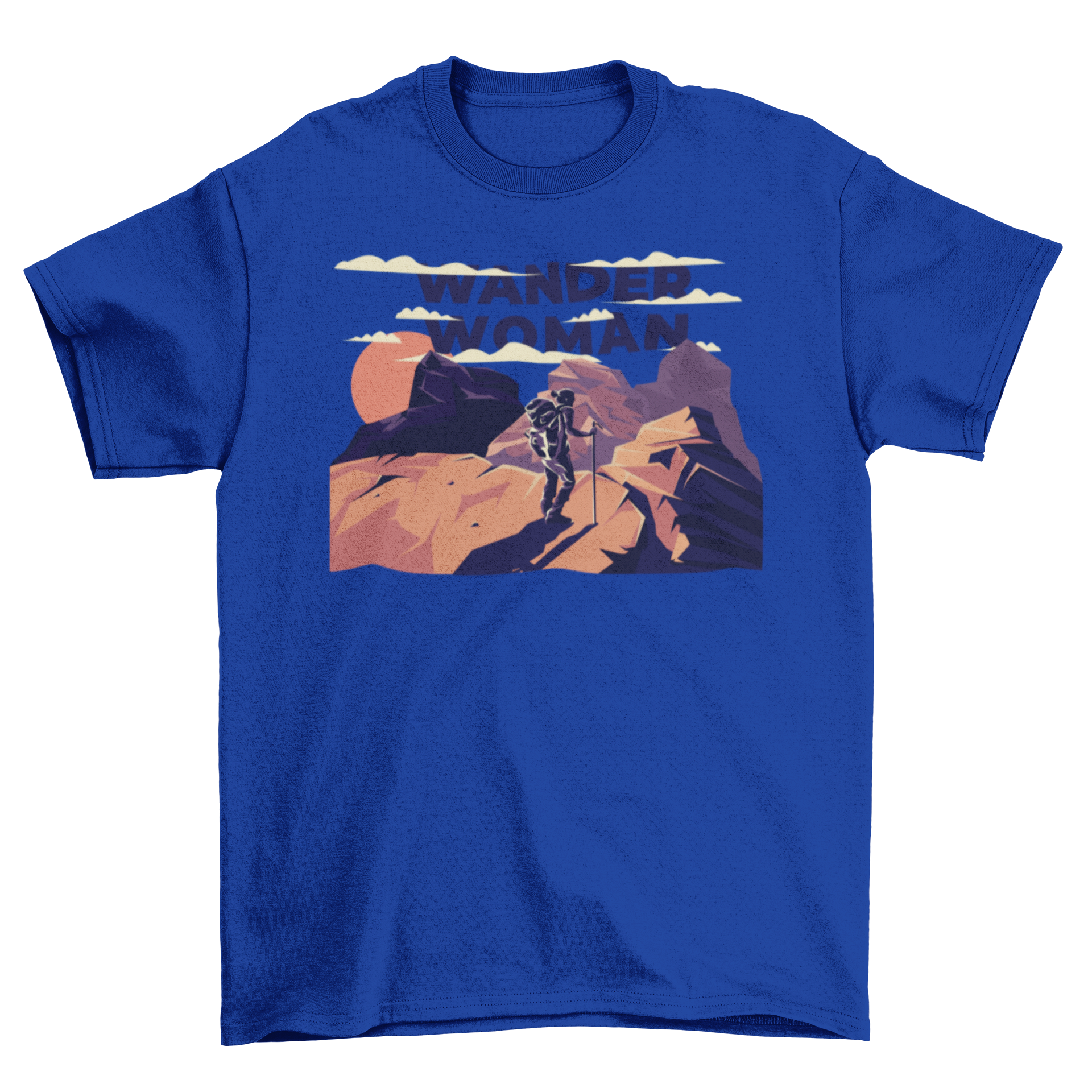 A stylish t-shirt featuring a woman hiking in the mountains, showcasing adventure and nature.