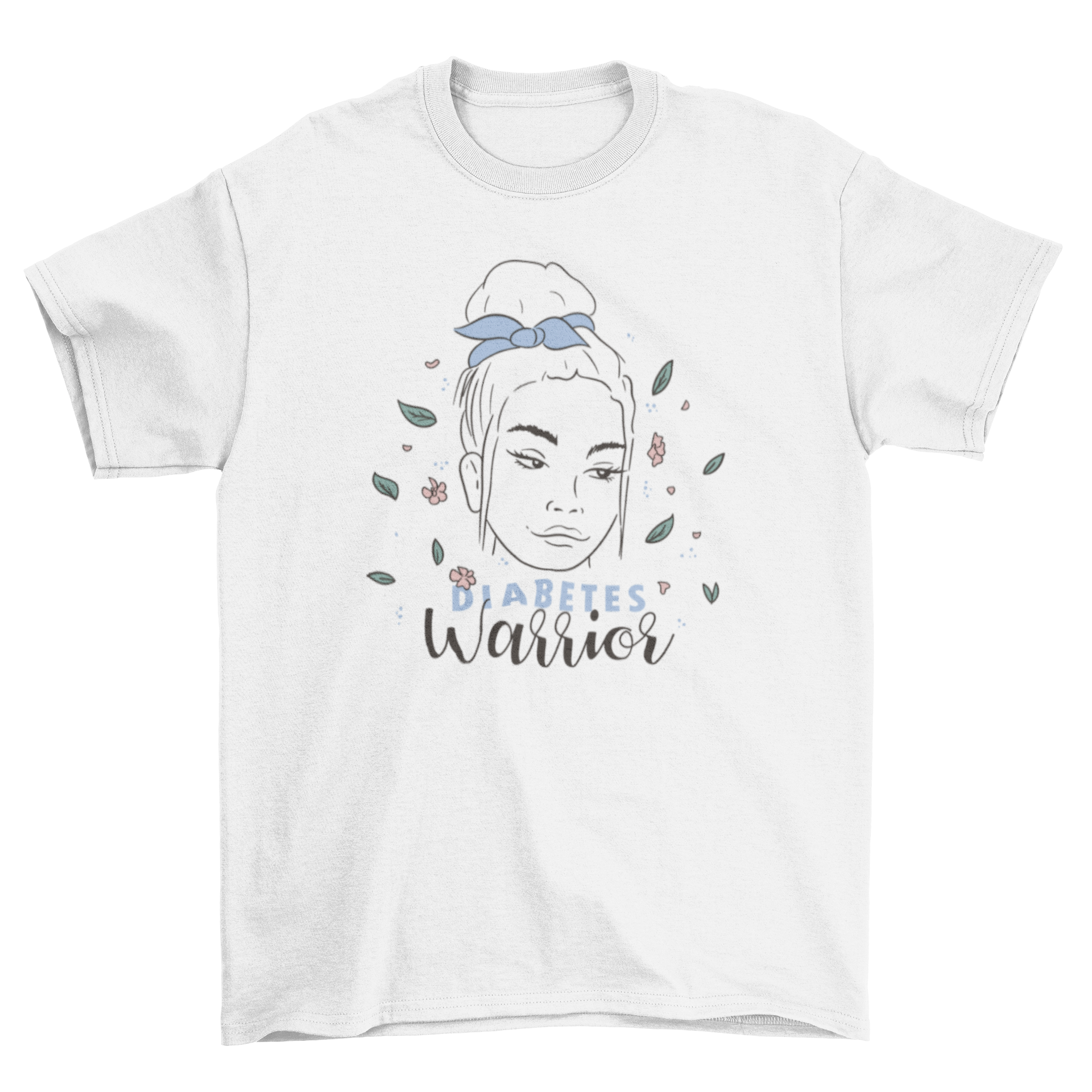 A stylish t-shirt design featuring a woman with a blue ribbon, surrounded by leaves and flowers, with the quote 'Diabetes Warrior'.