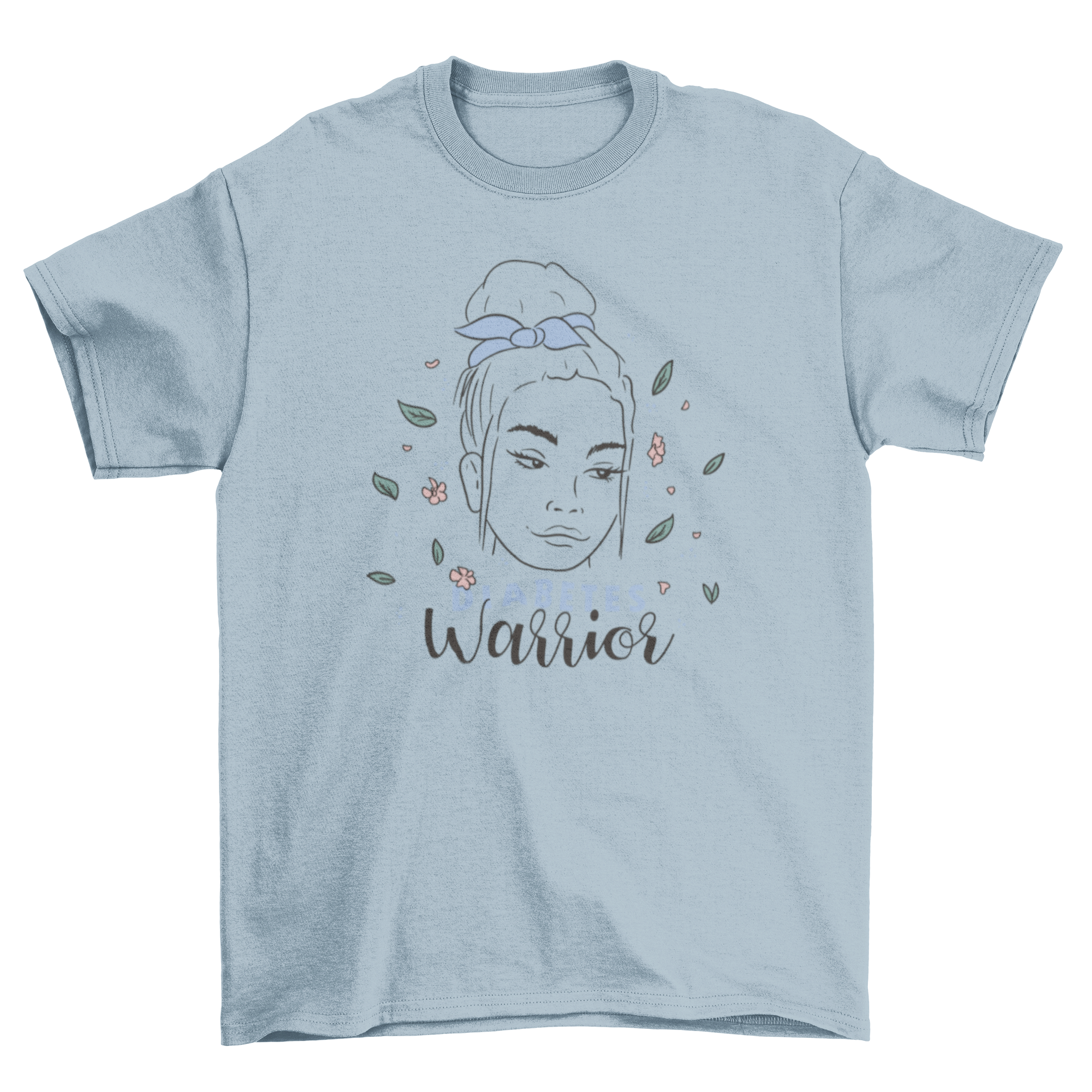 A stylish t-shirt design featuring a woman with a blue ribbon, surrounded by leaves and flowers, with the quote 'Diabetes Warrior'.