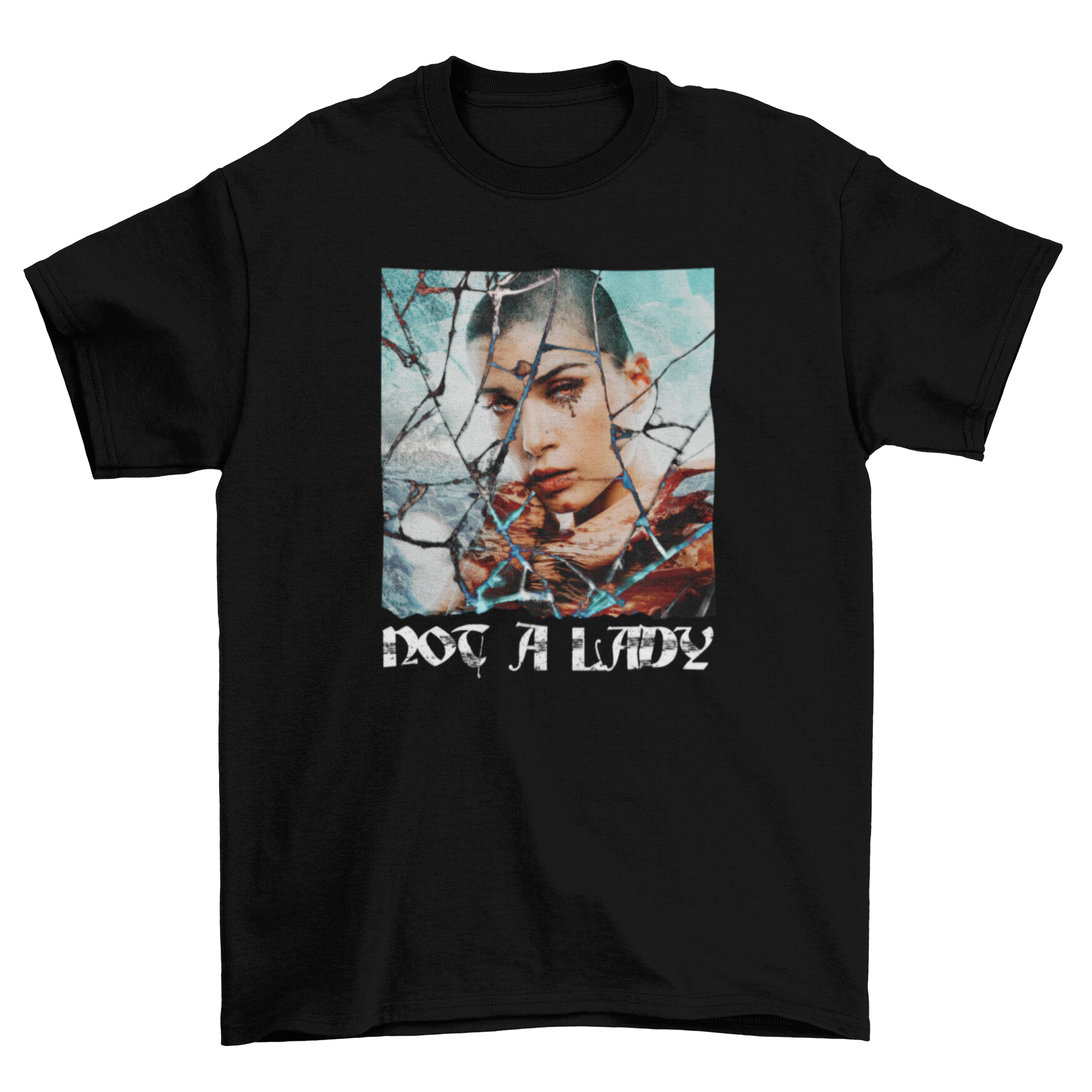 A stylish t-shirt featuring a woman's portrait made of broken glass with the quote 'Not a lady'.