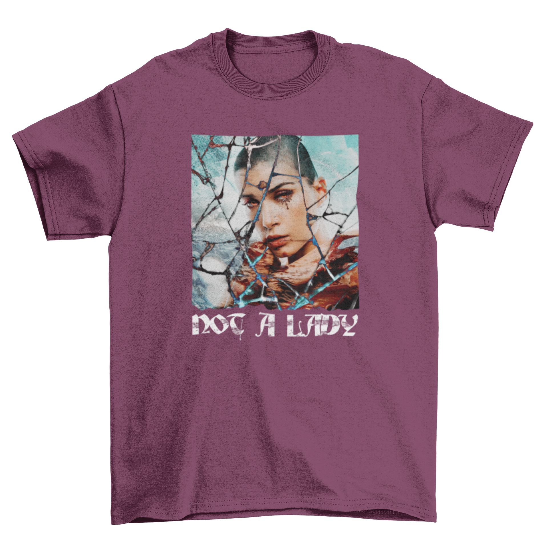 A stylish t-shirt featuring a woman's portrait made of broken glass with the quote 'Not a lady'.