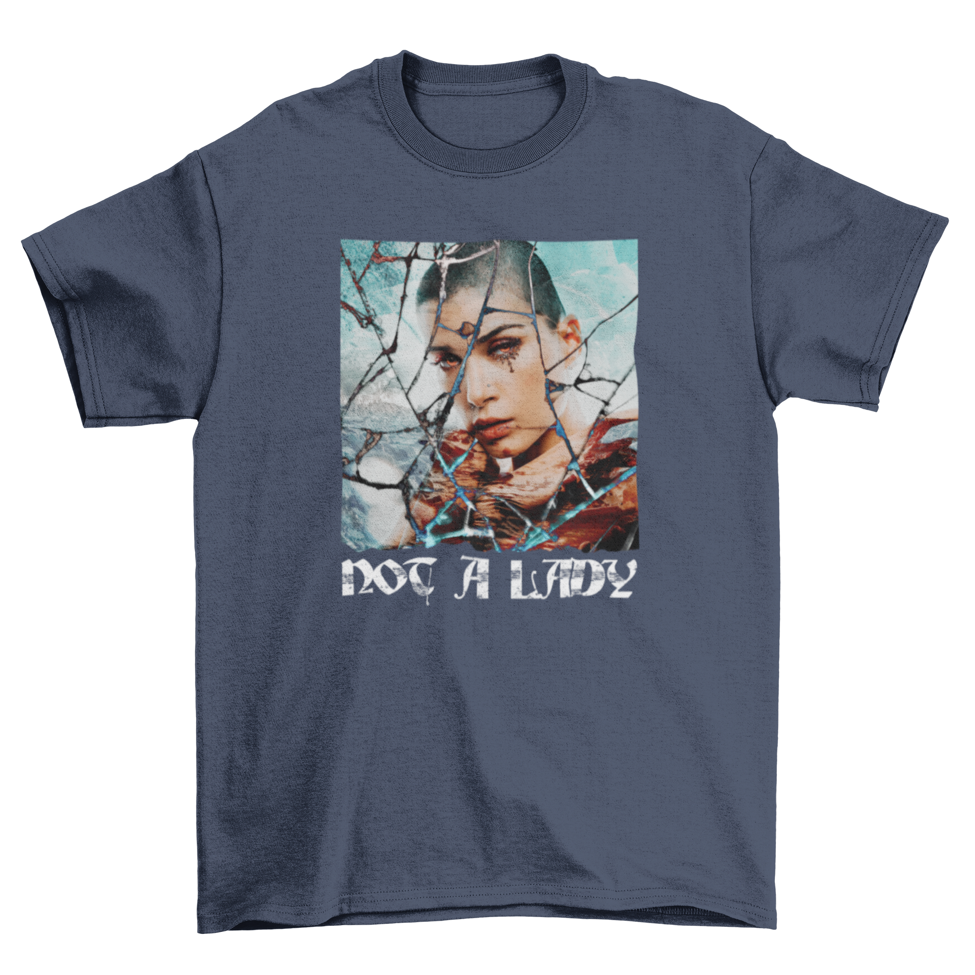 A stylish t-shirt featuring a woman's portrait made of broken glass with the quote 'Not a lady'.