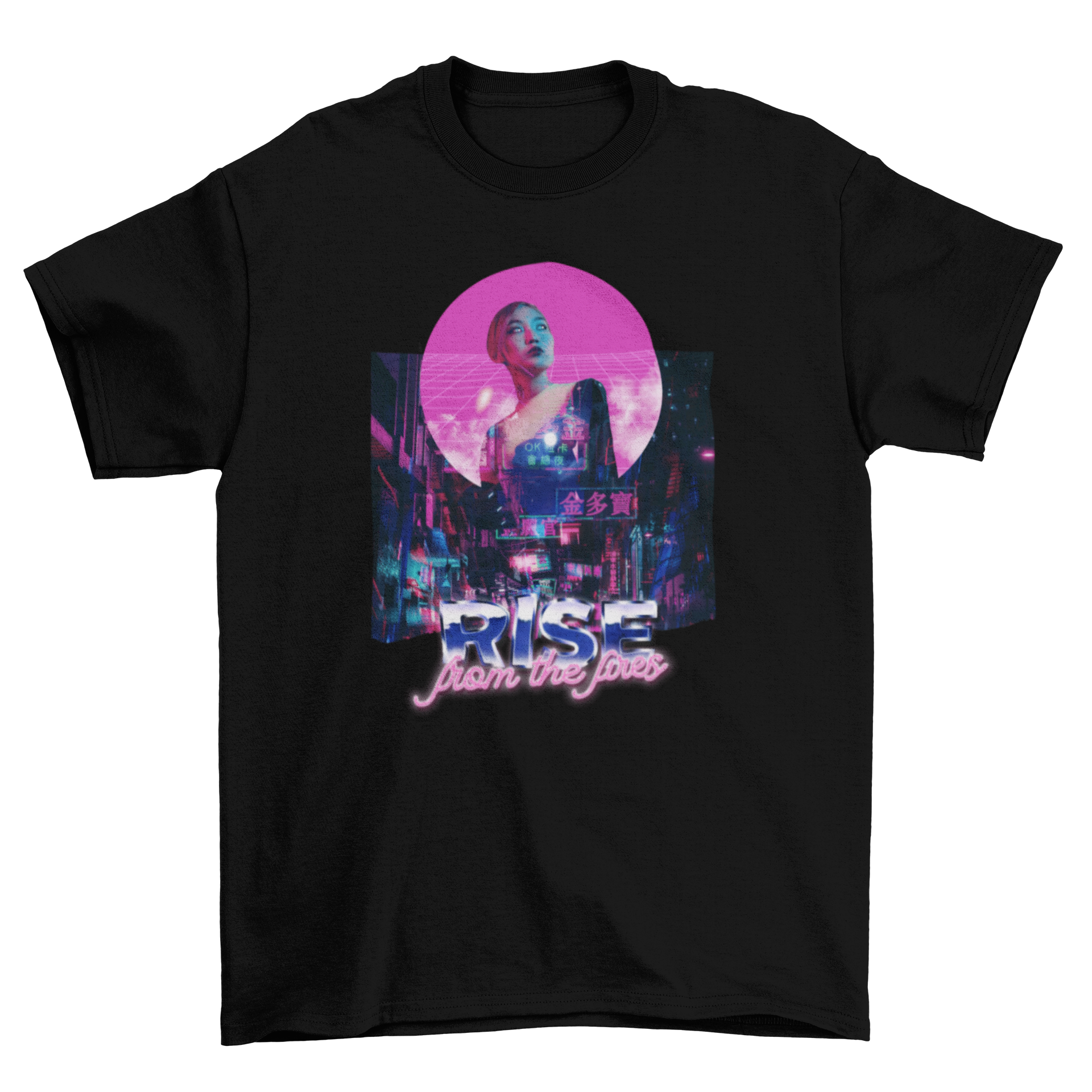 A stylish t-shirt featuring a woman in a futuristic Japanese city with vibrant colors and the quote 'Rise from the fires'.