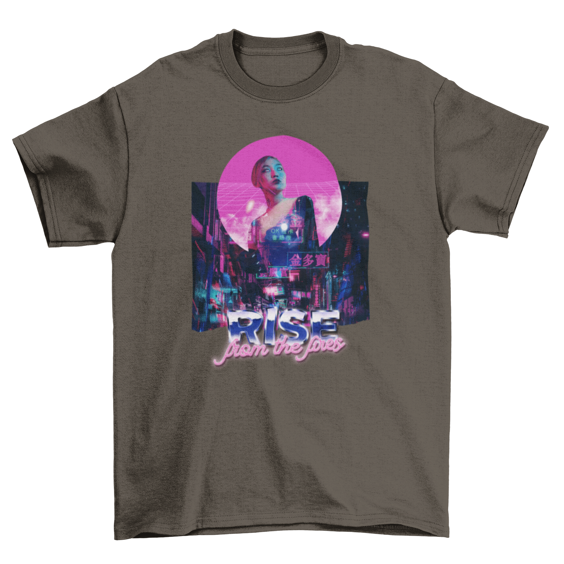 A stylish t-shirt featuring a woman in a futuristic Japanese city with vibrant colors and the quote 'Rise from the fires'.