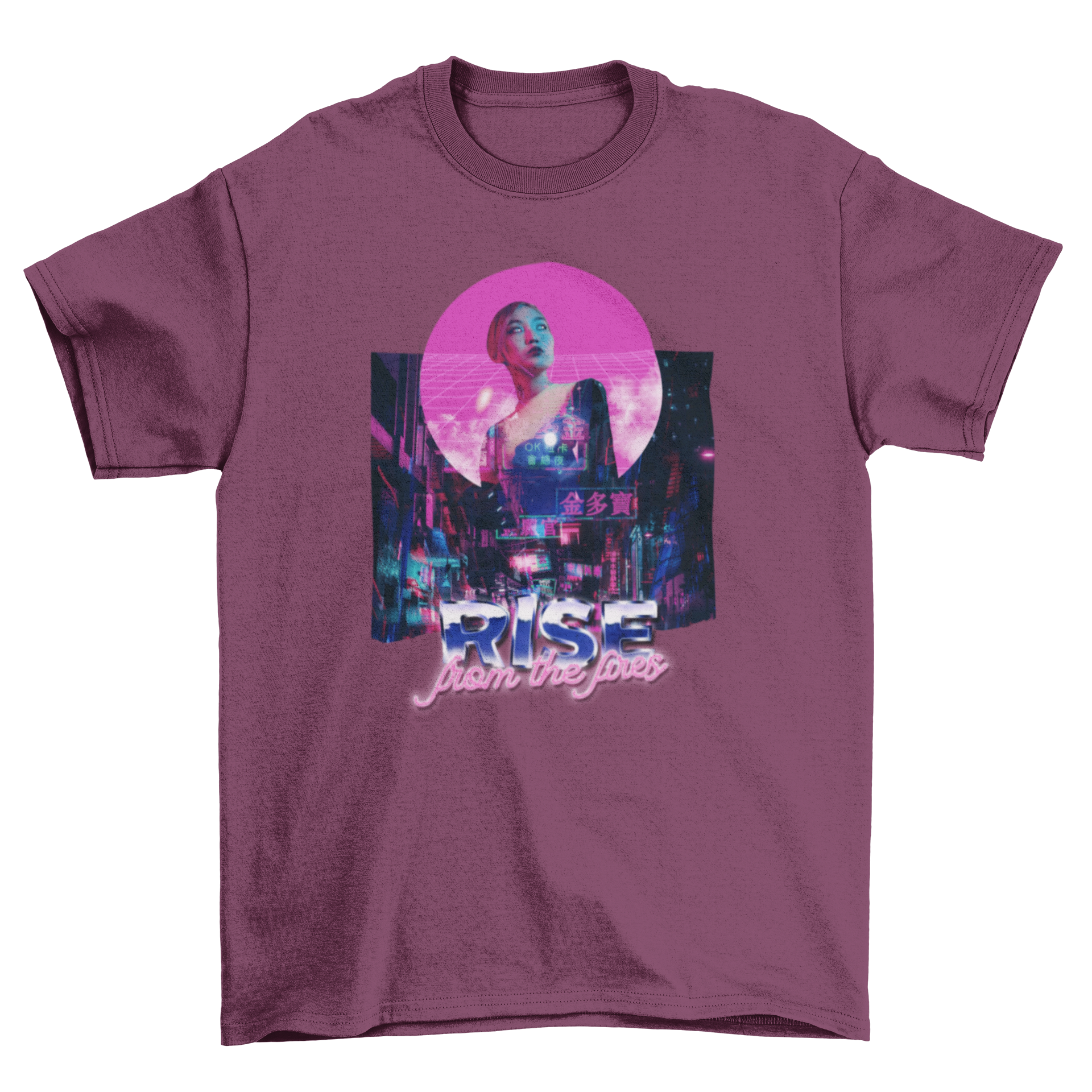 A stylish t-shirt featuring a woman in a futuristic Japanese city with vibrant colors and the quote 'Rise from the fires'.