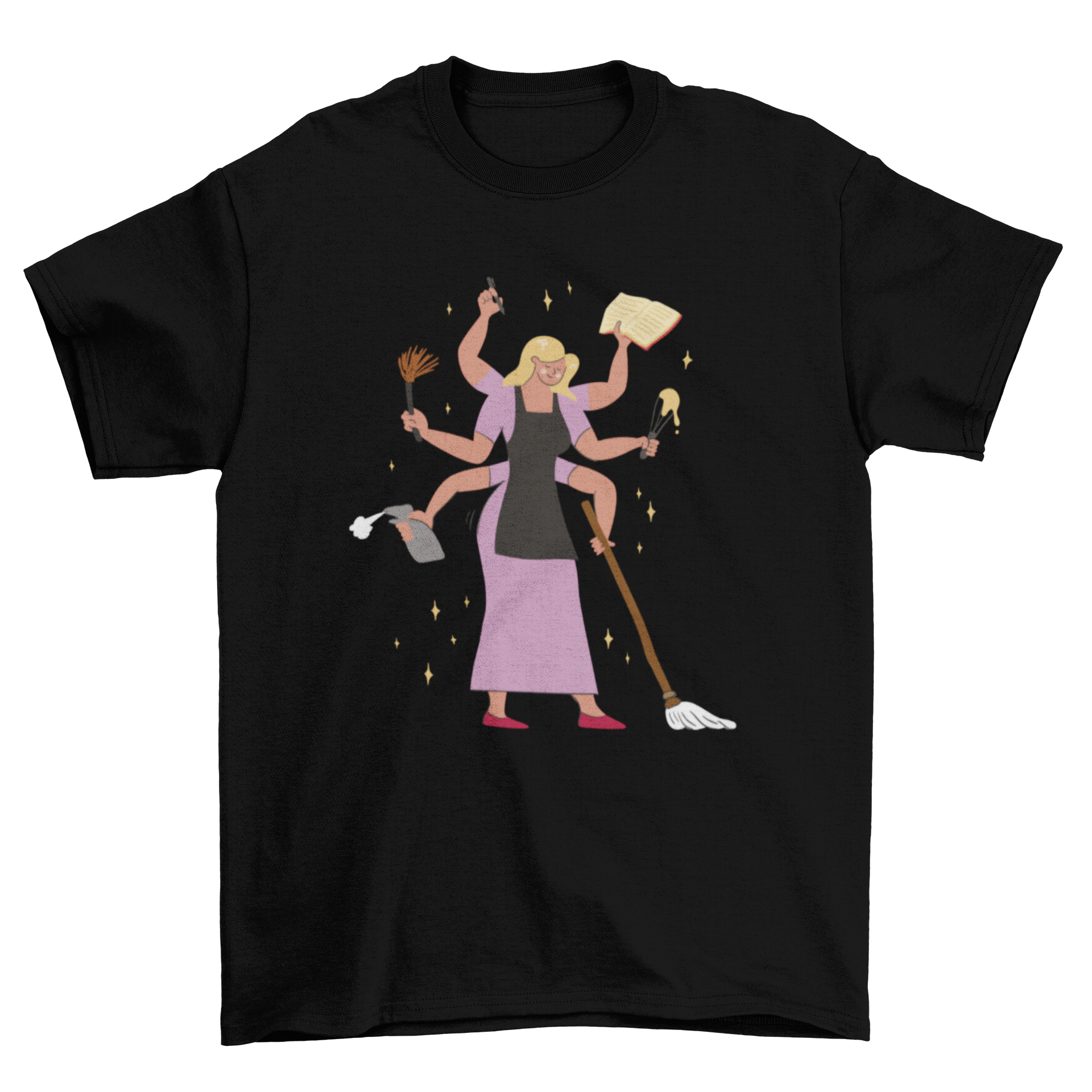 A stylish t-shirt featuring a graphic of a woman multitasking with chores like cleaning, reading, and baking.