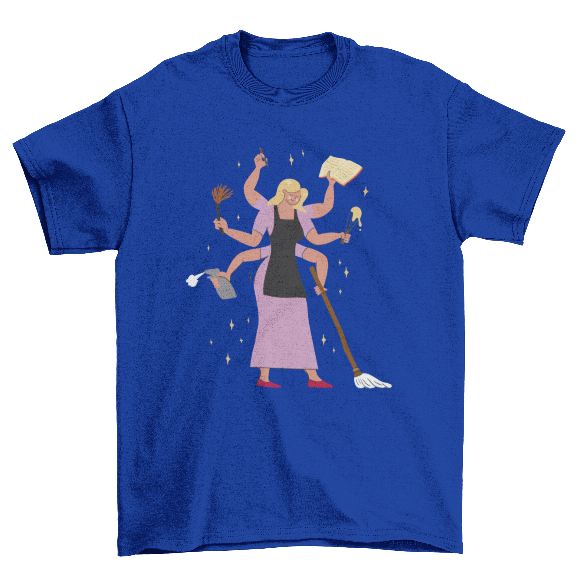 A stylish t-shirt featuring a graphic of a woman multitasking with chores like cleaning, reading, and baking.