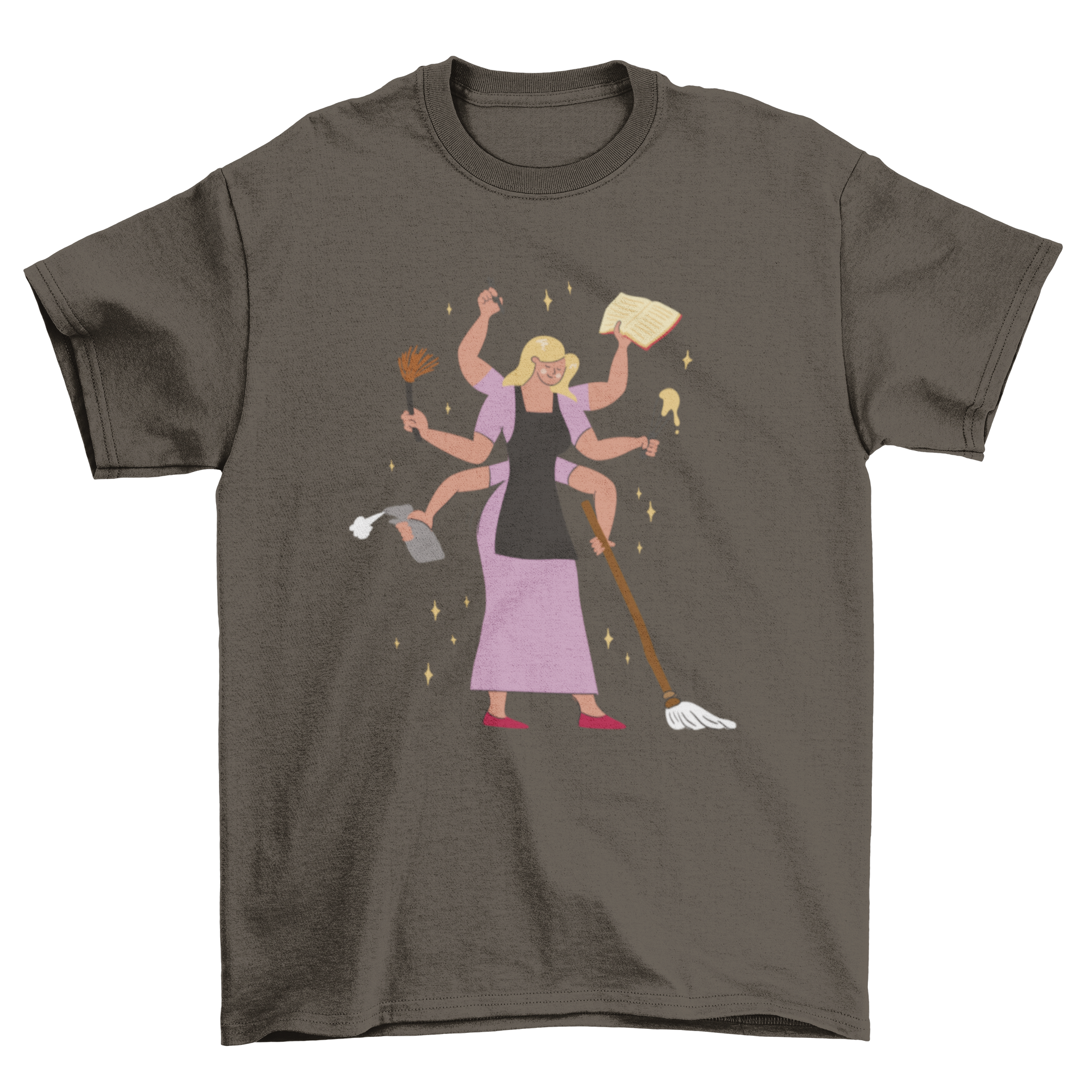 A stylish t-shirt featuring a graphic of a woman multitasking with chores like cleaning, reading, and baking.