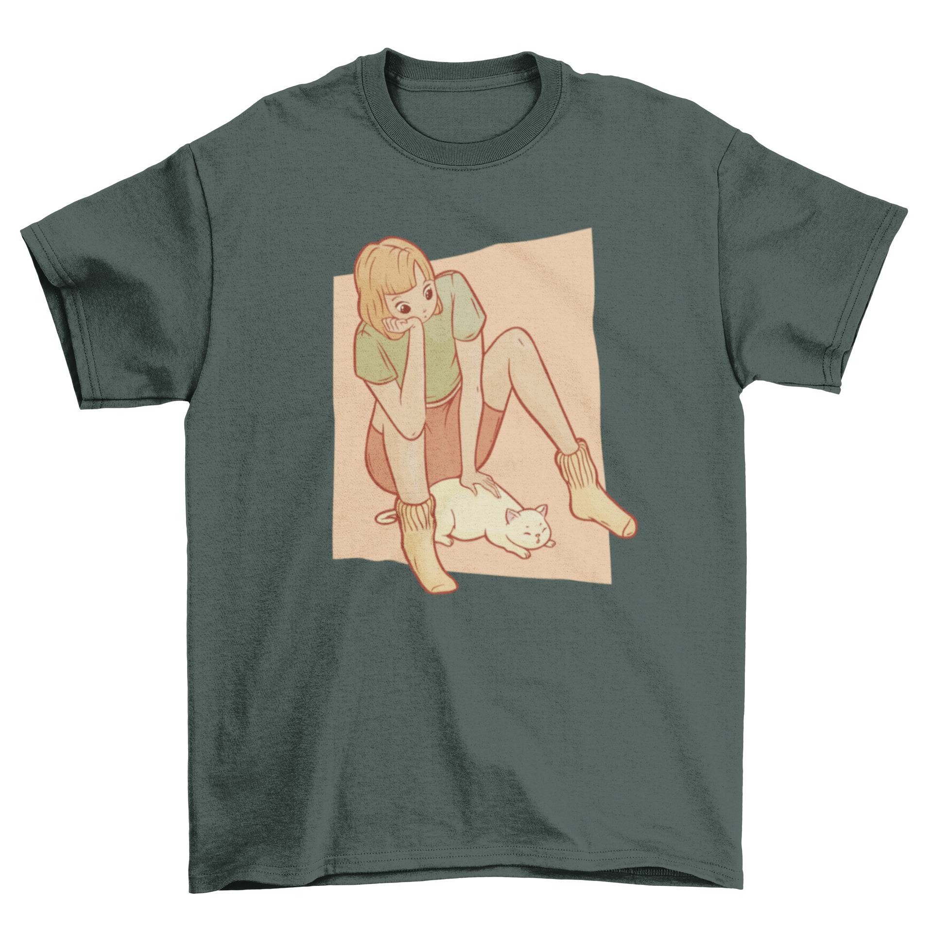 A woman sitting on the floor, gently petting her cat, featured on a stylish t-shirt.