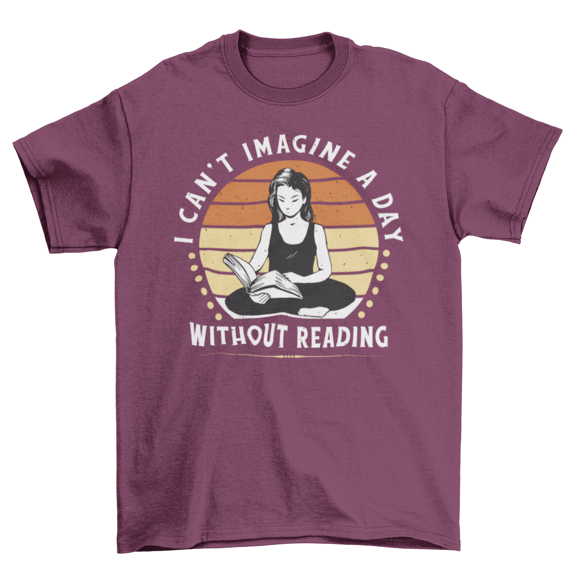 A stylish t-shirt featuring a young woman reading a book with an inspirational quote about reading.