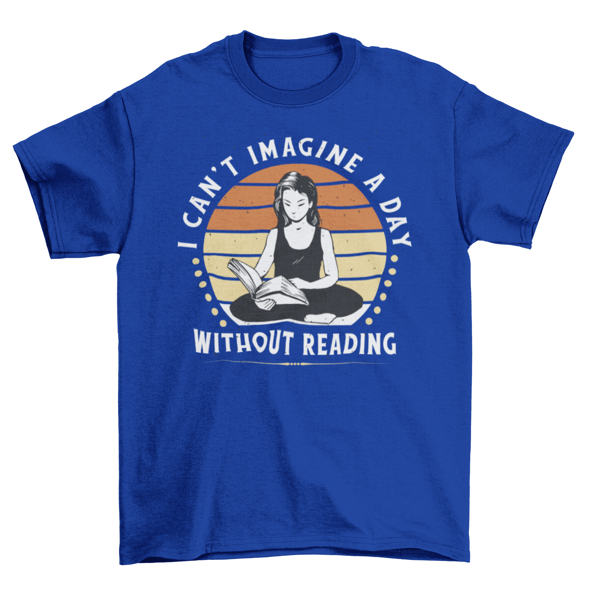 A stylish t-shirt featuring a young woman reading a book with an inspirational quote about reading.