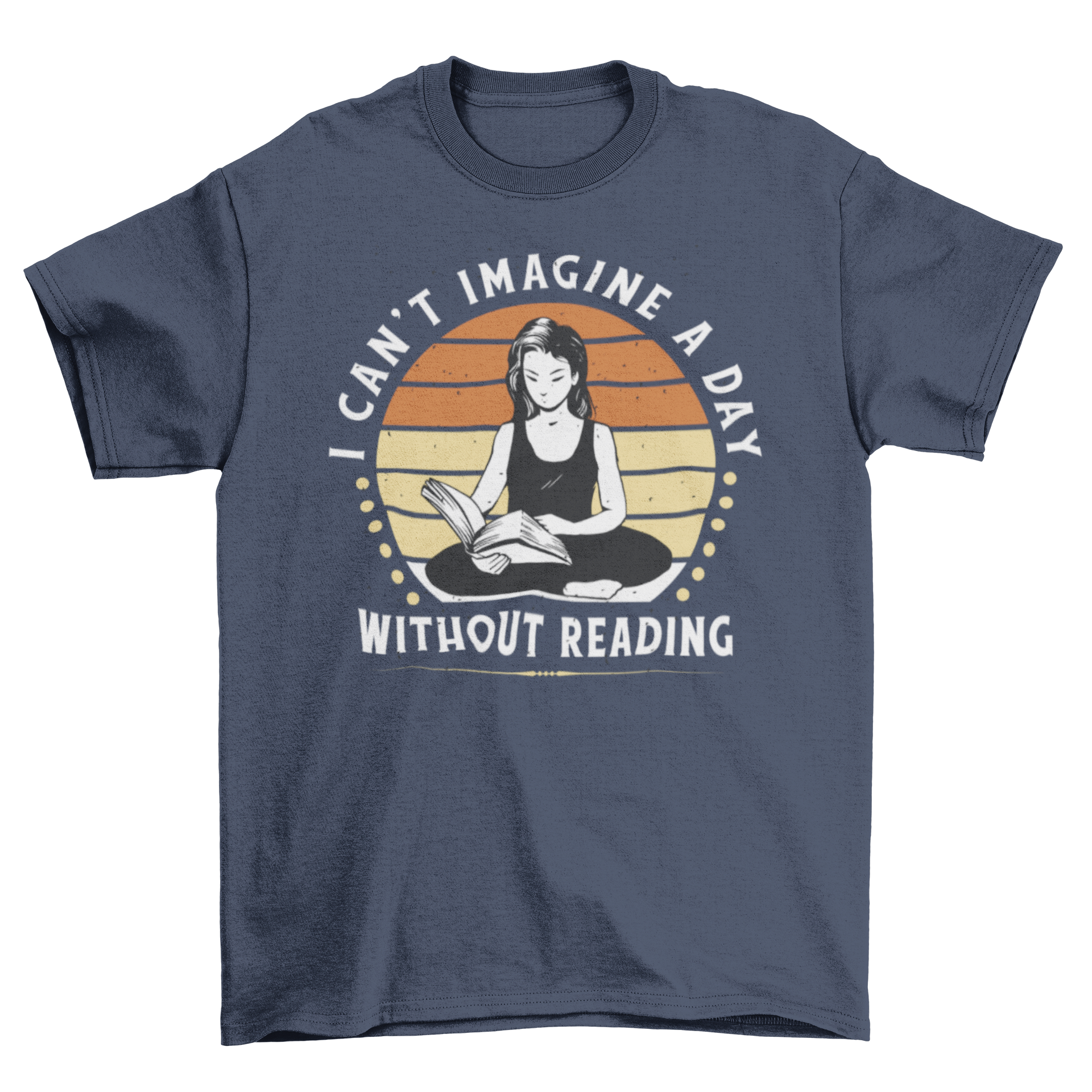 A stylish t-shirt featuring a young woman reading a book with an inspirational quote about reading.