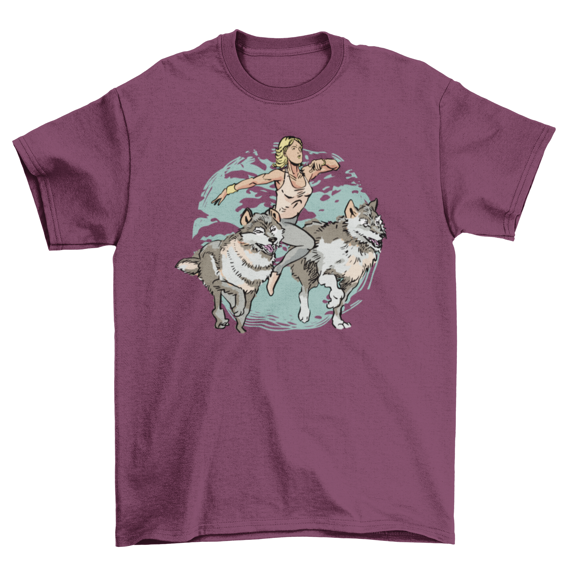 A stylish t-shirt featuring a woman running alongside two wild wolves, showcasing a unique and adventurous design.