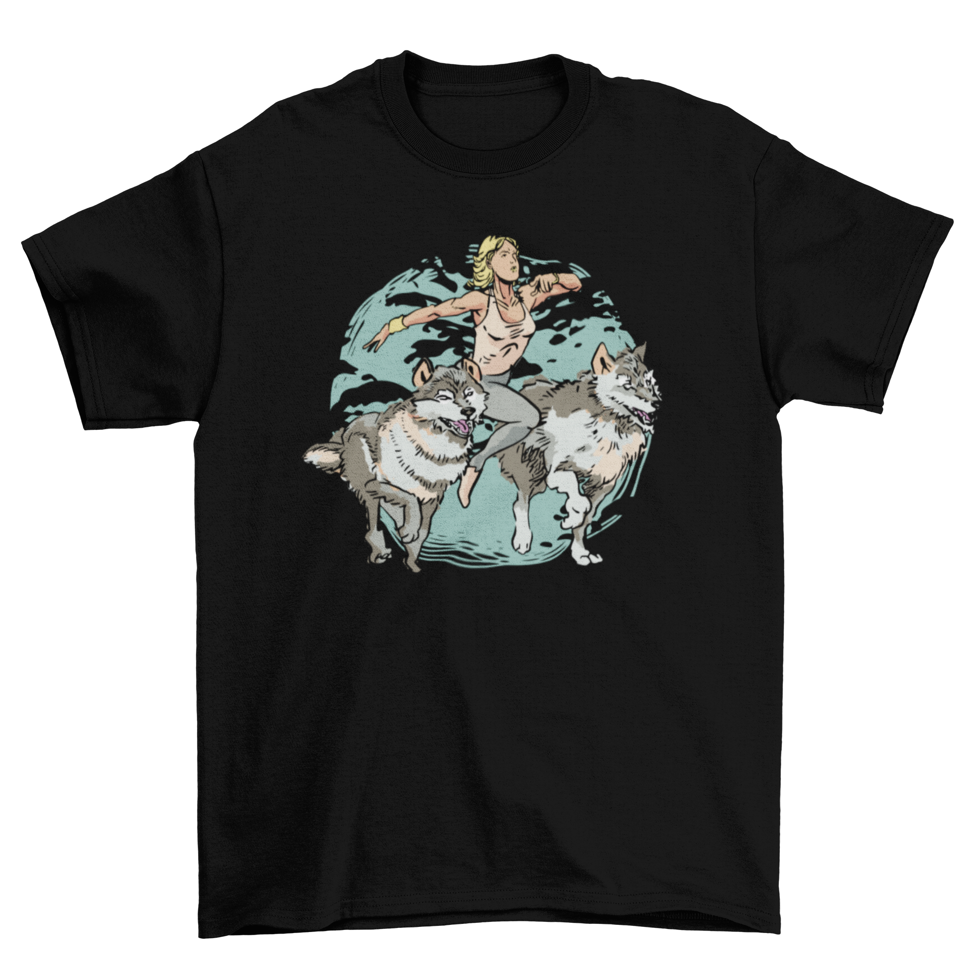 A stylish t-shirt featuring a woman running alongside two wild wolves, showcasing a unique and adventurous design.