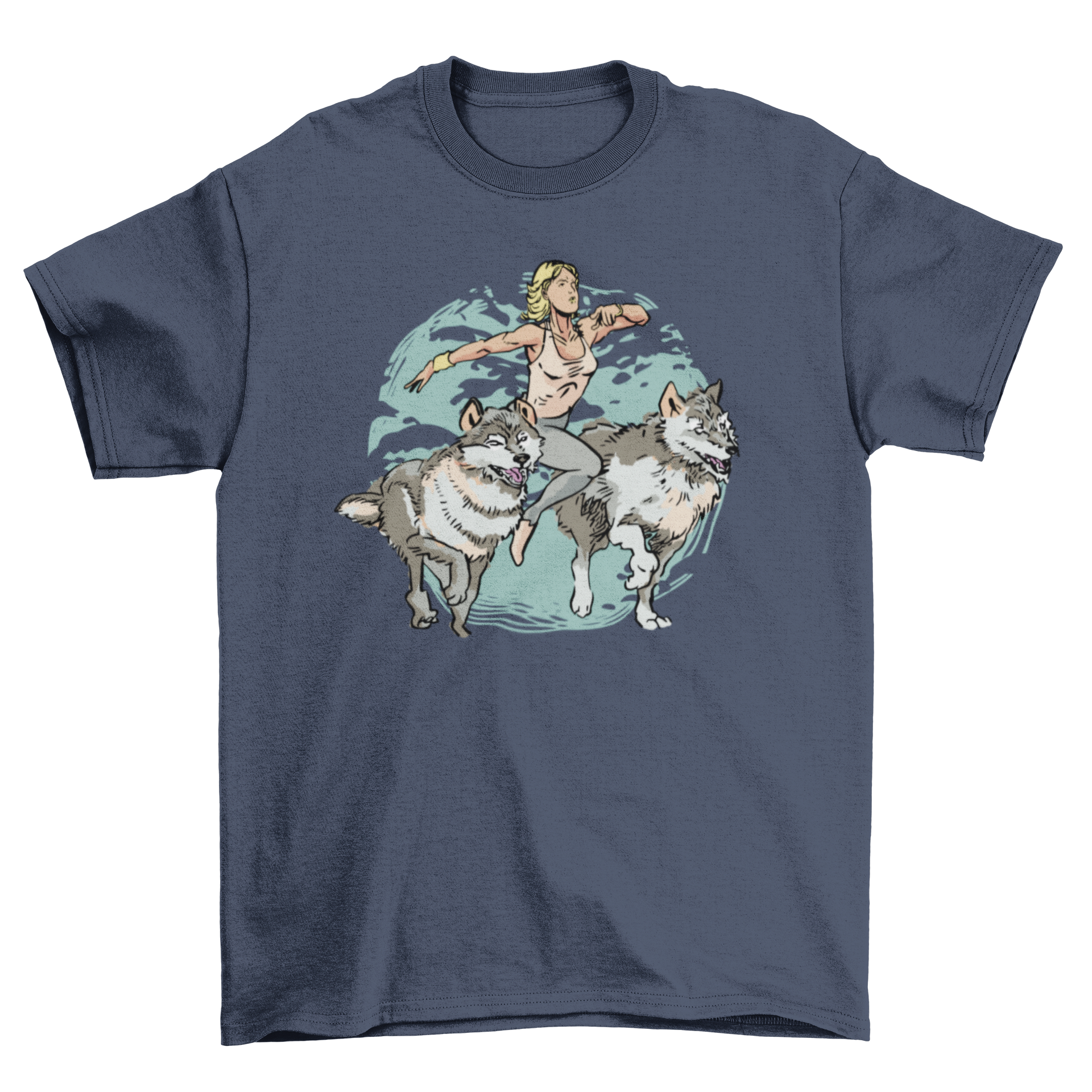 A stylish t-shirt featuring a woman running alongside two wild wolves, showcasing a unique and adventurous design.