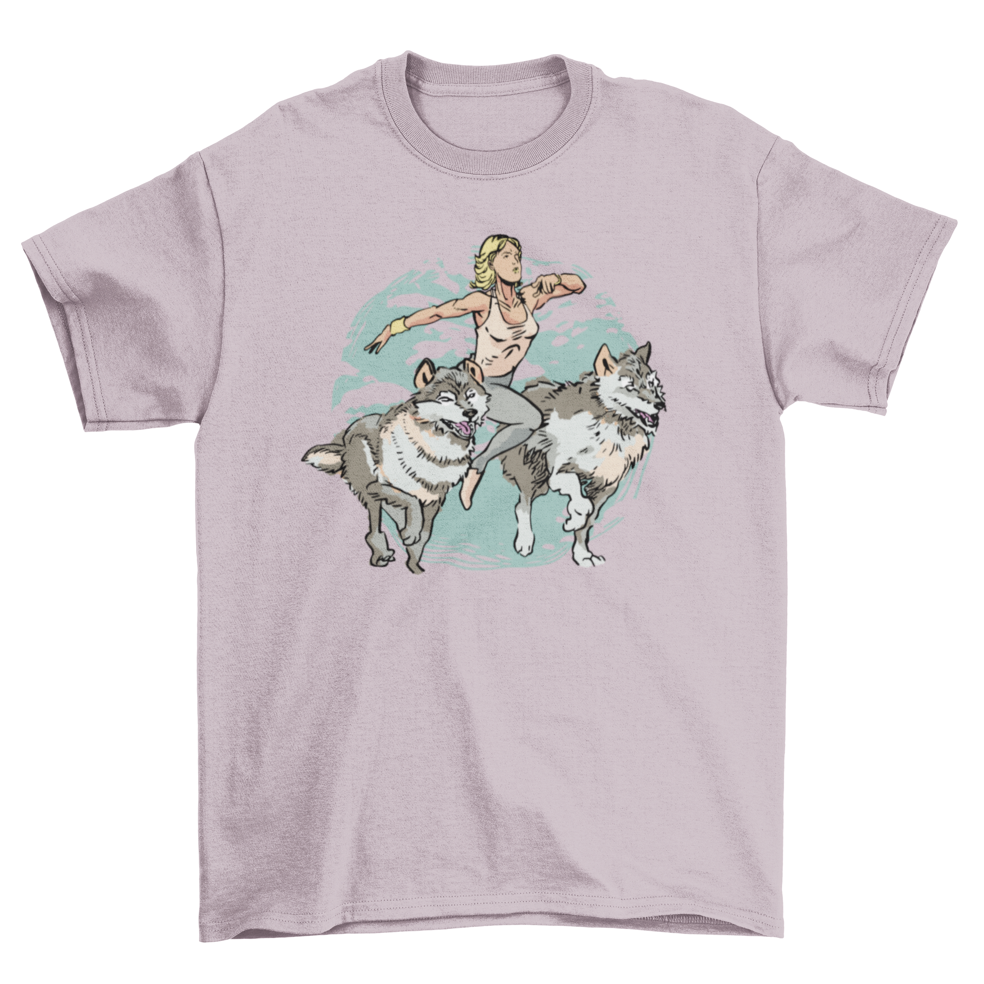 A stylish t-shirt featuring a woman running alongside two wild wolves, showcasing a unique and adventurous design.