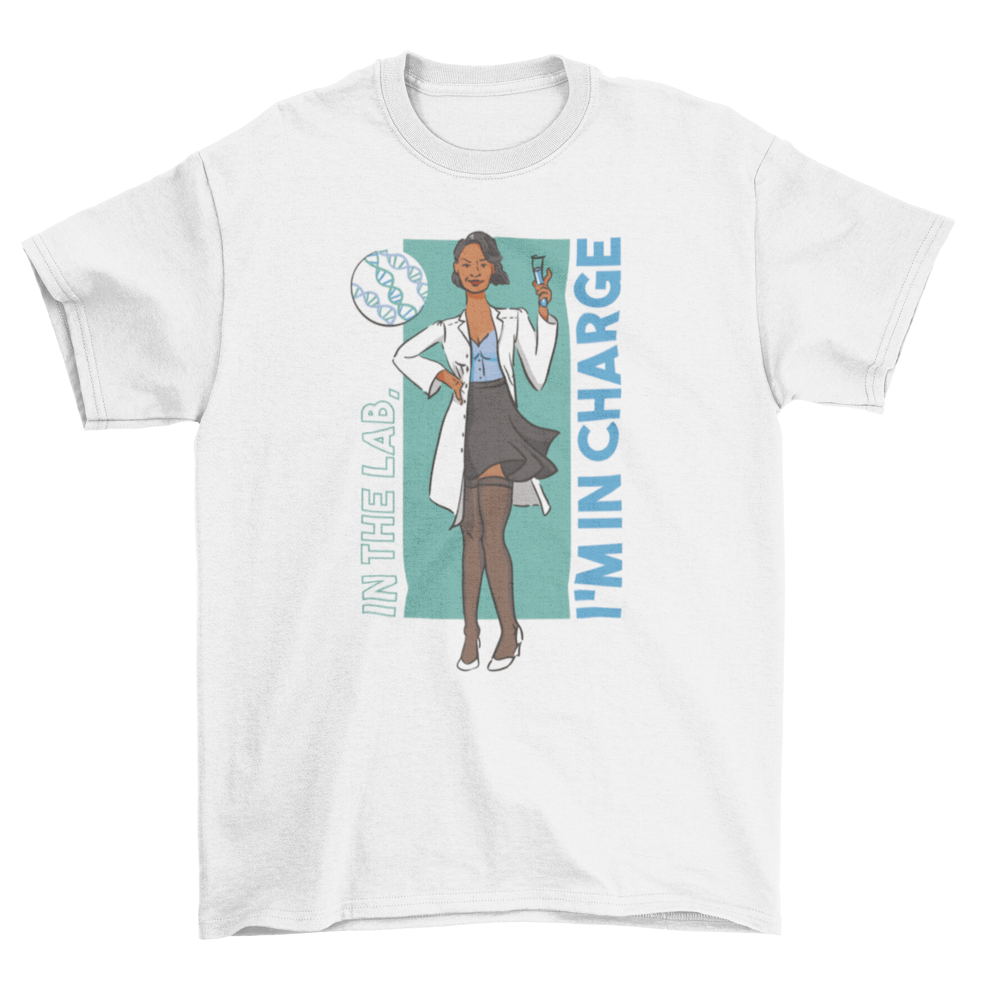 A stylish t-shirt featuring a cartoon woman scientist with the quote 'In the lab, I'm in charge', showcasing empowerment in science.