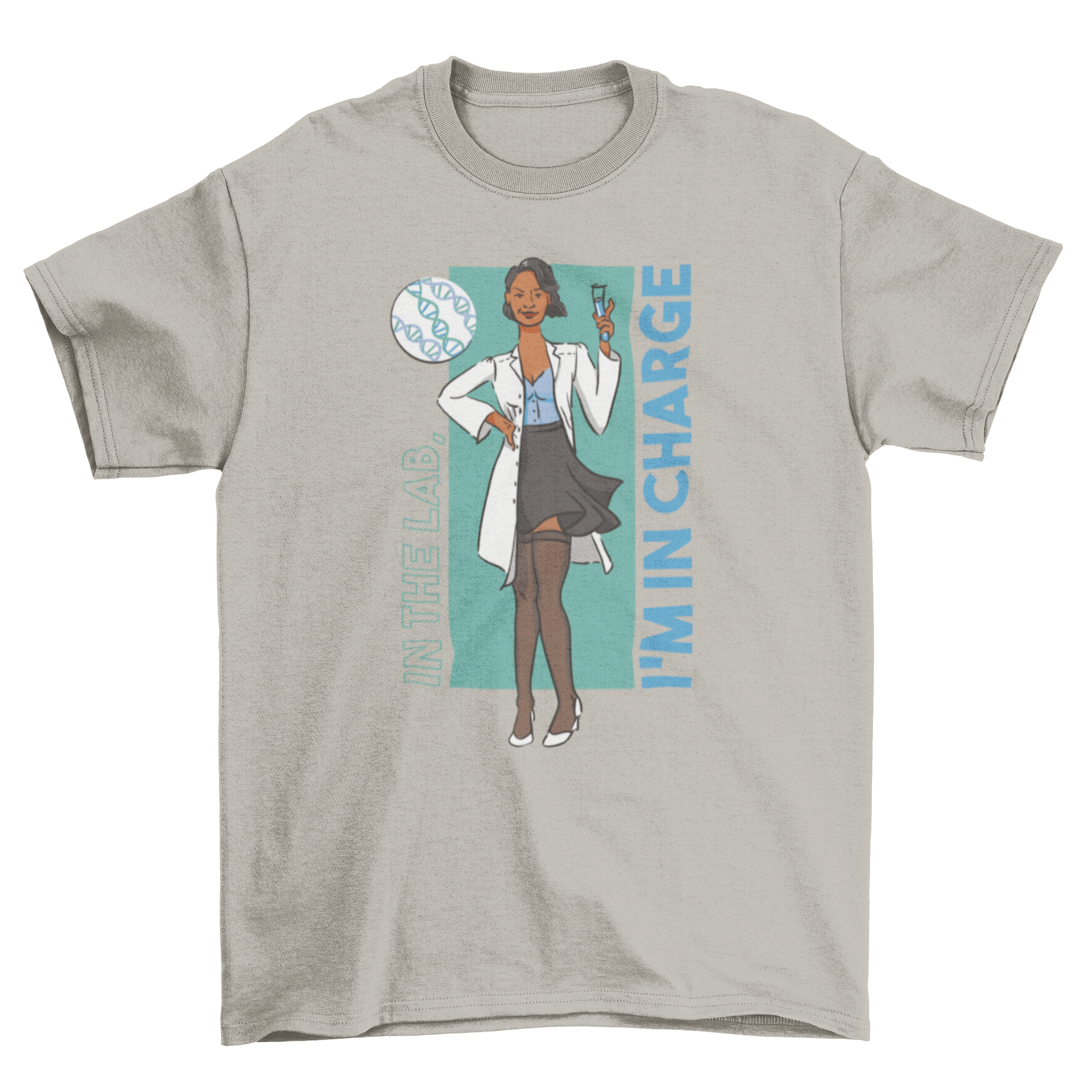 A stylish t-shirt featuring a cartoon woman scientist with the quote 'In the lab, I'm in charge', showcasing empowerment in science.