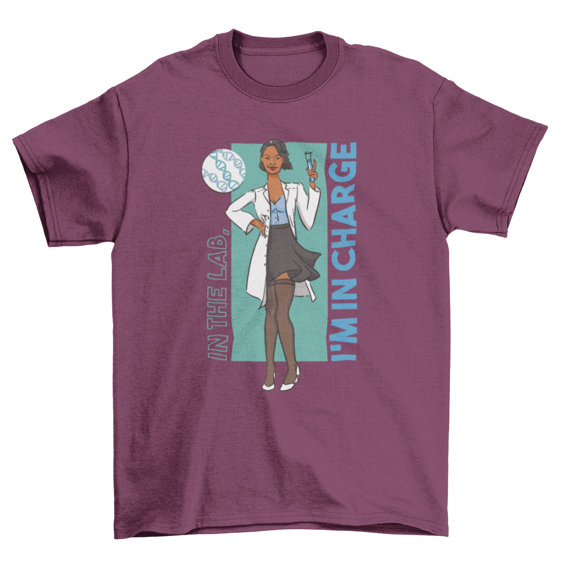 A stylish t-shirt featuring a cartoon woman scientist with the quote 'In the lab, I'm in charge', showcasing empowerment in science.