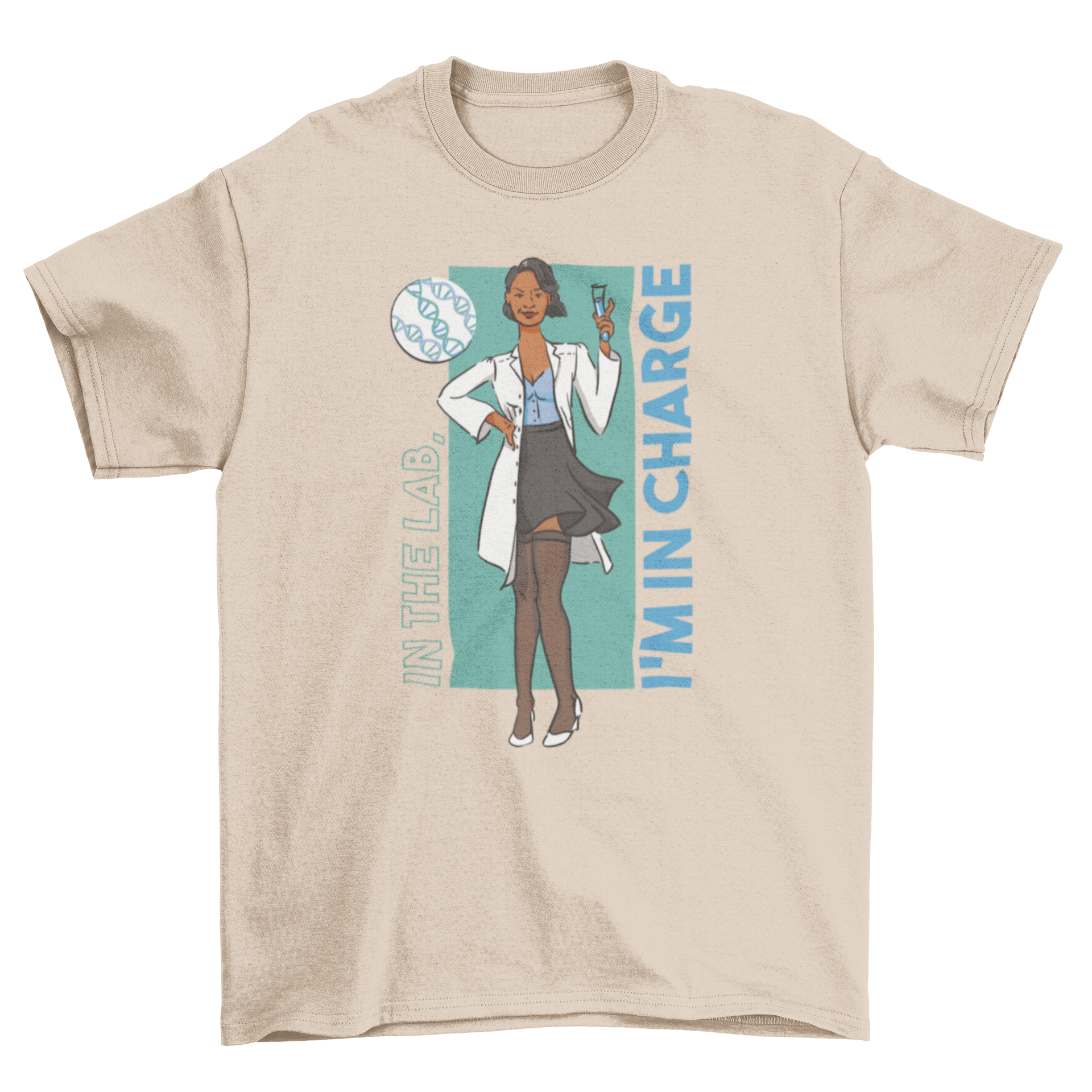 A stylish t-shirt featuring a cartoon woman scientist with the quote 'In the lab, I'm in charge', showcasing empowerment in science.