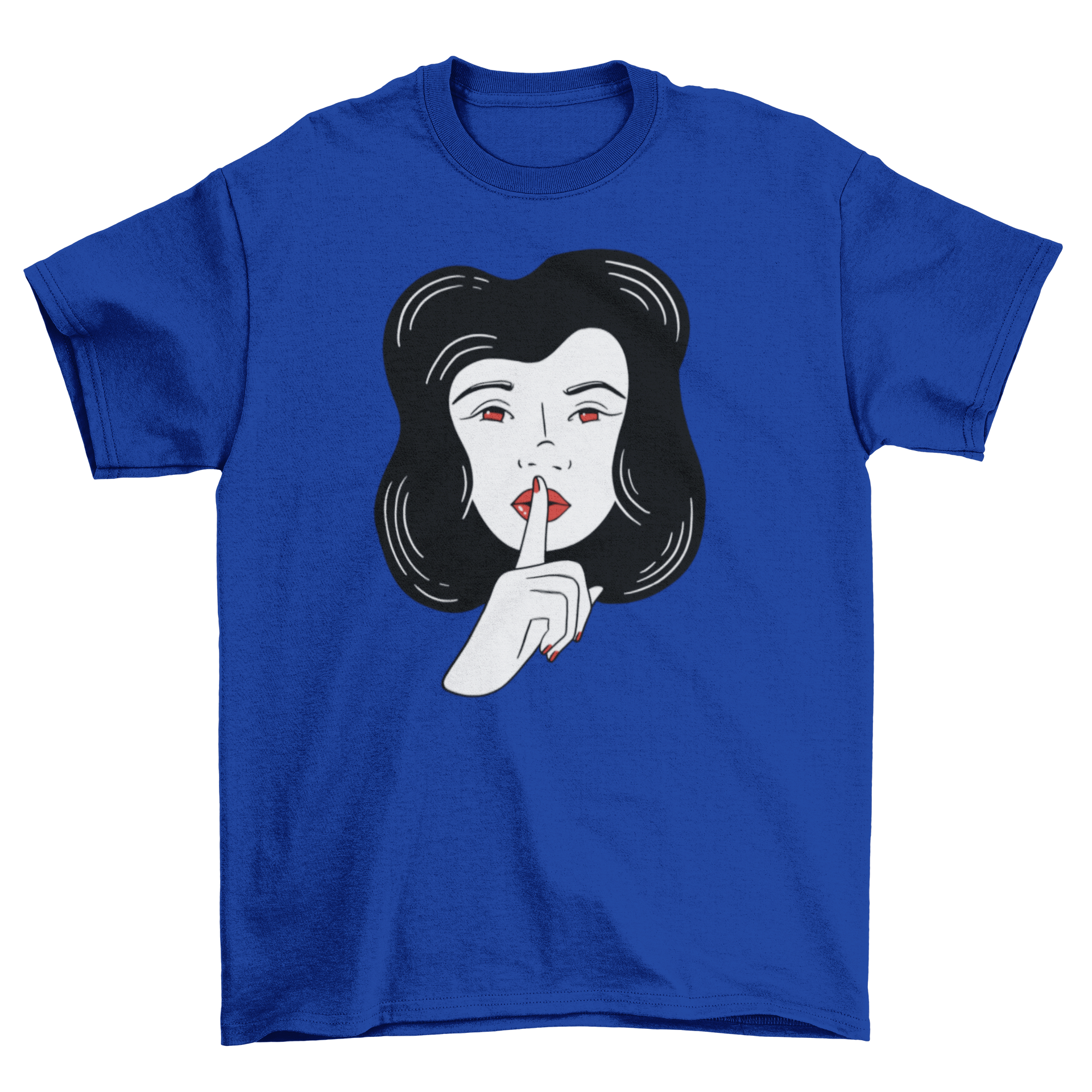 Woman Silence T-shirt featuring a design of a woman with a finger on her lips, symbolizing silence and strength.