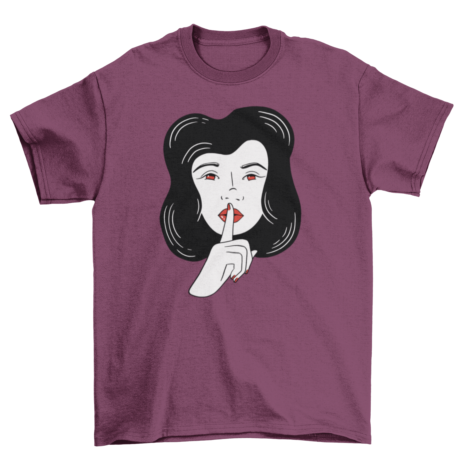 Woman Silence T-shirt featuring a design of a woman with a finger on her lips, symbolizing silence and strength.