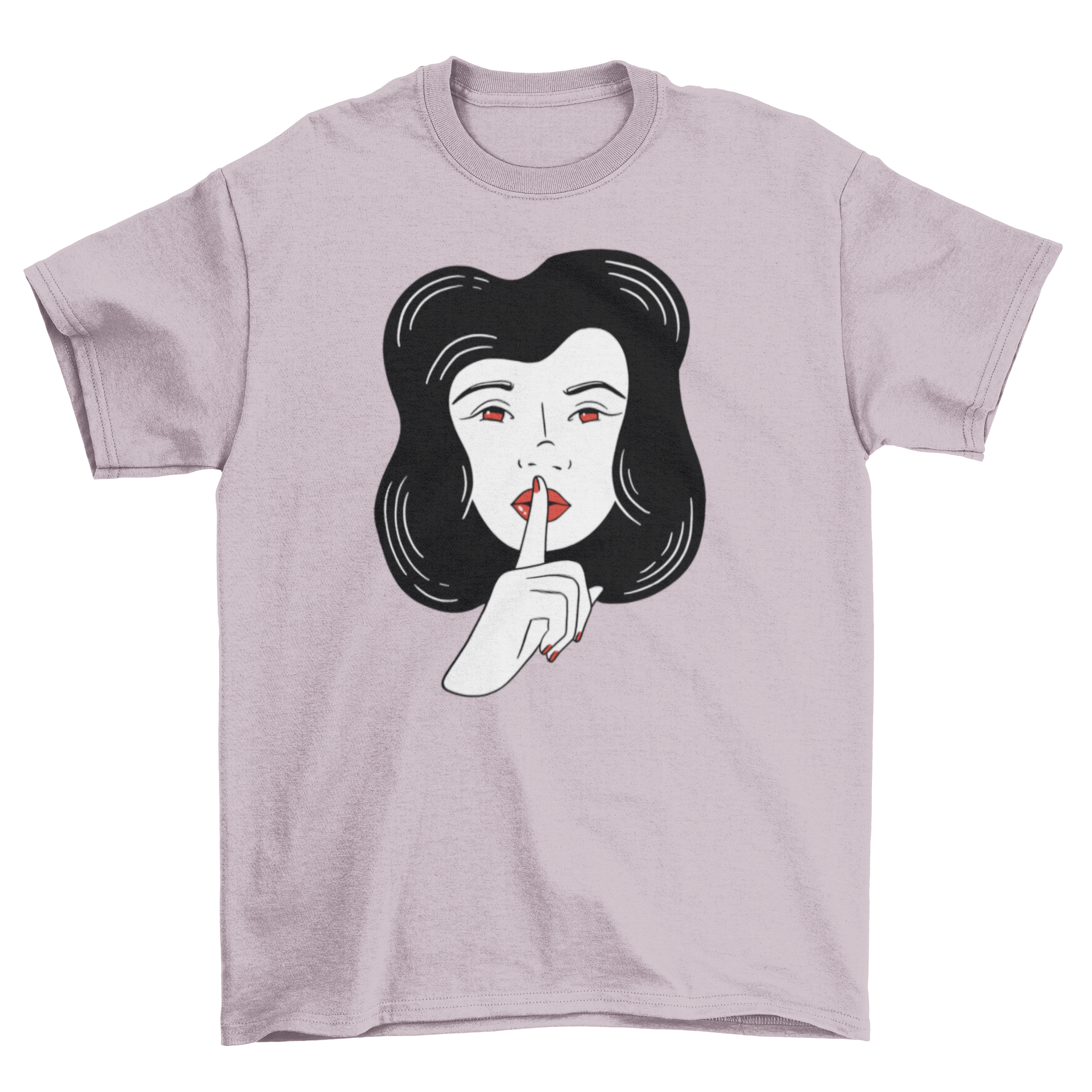 Woman Silence T-shirt featuring a design of a woman with a finger on her lips, symbolizing silence and strength.