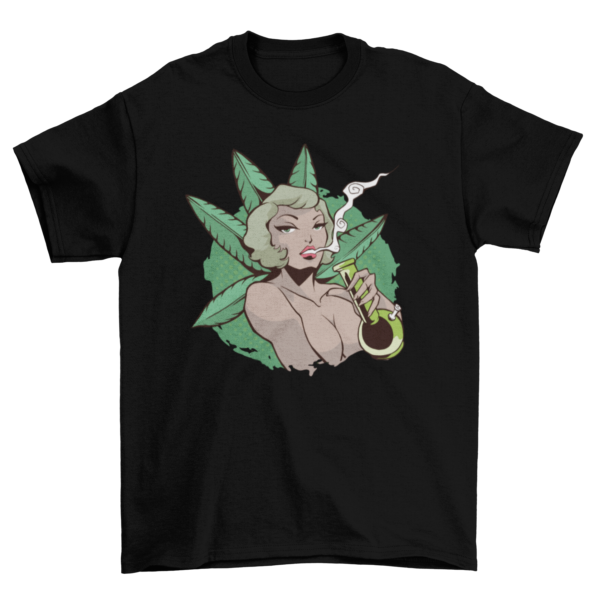 A stylish t-shirt featuring an illustration of a woman smoking from a bong, showcasing a unique design.