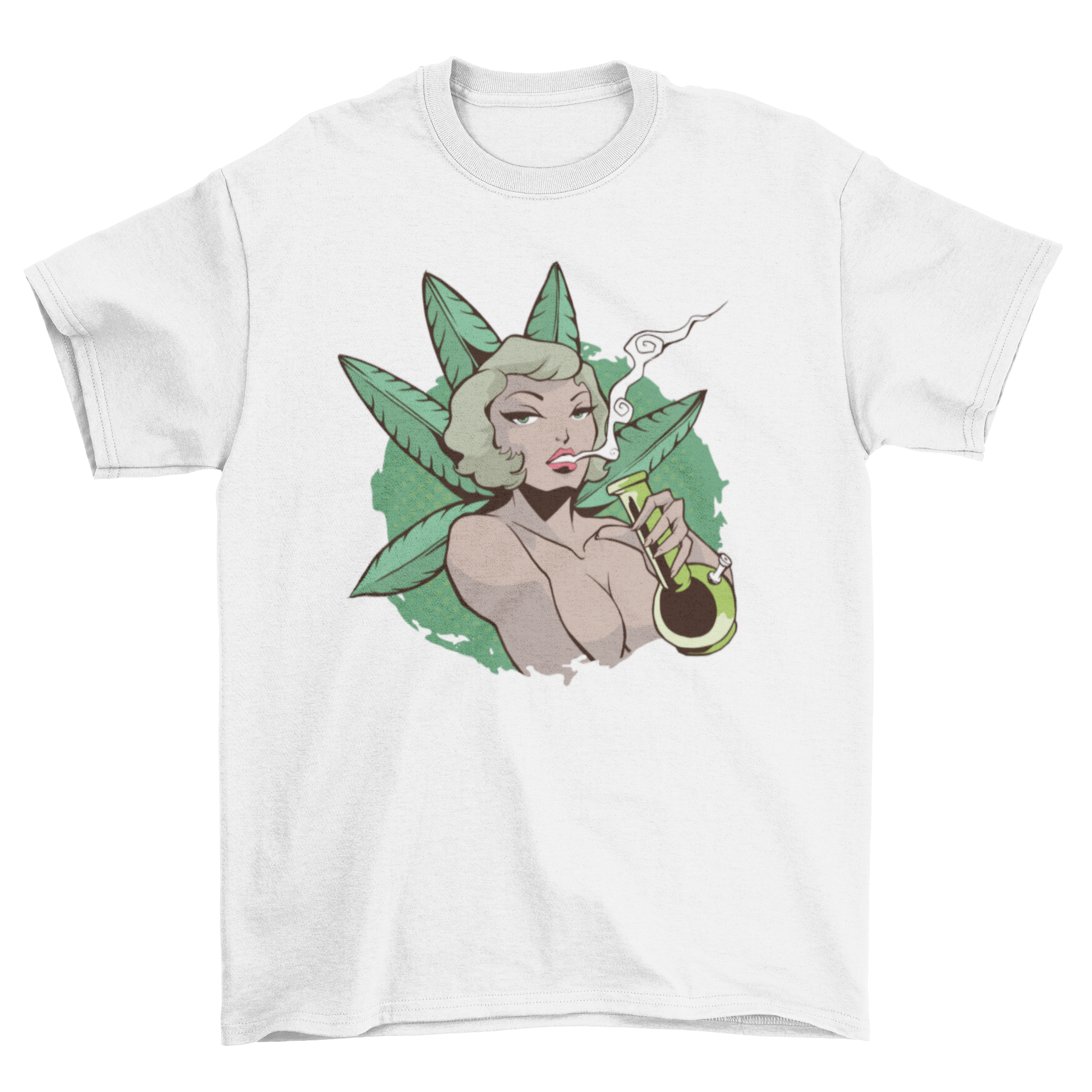 A stylish t-shirt featuring an illustration of a woman smoking from a bong, showcasing a unique design.