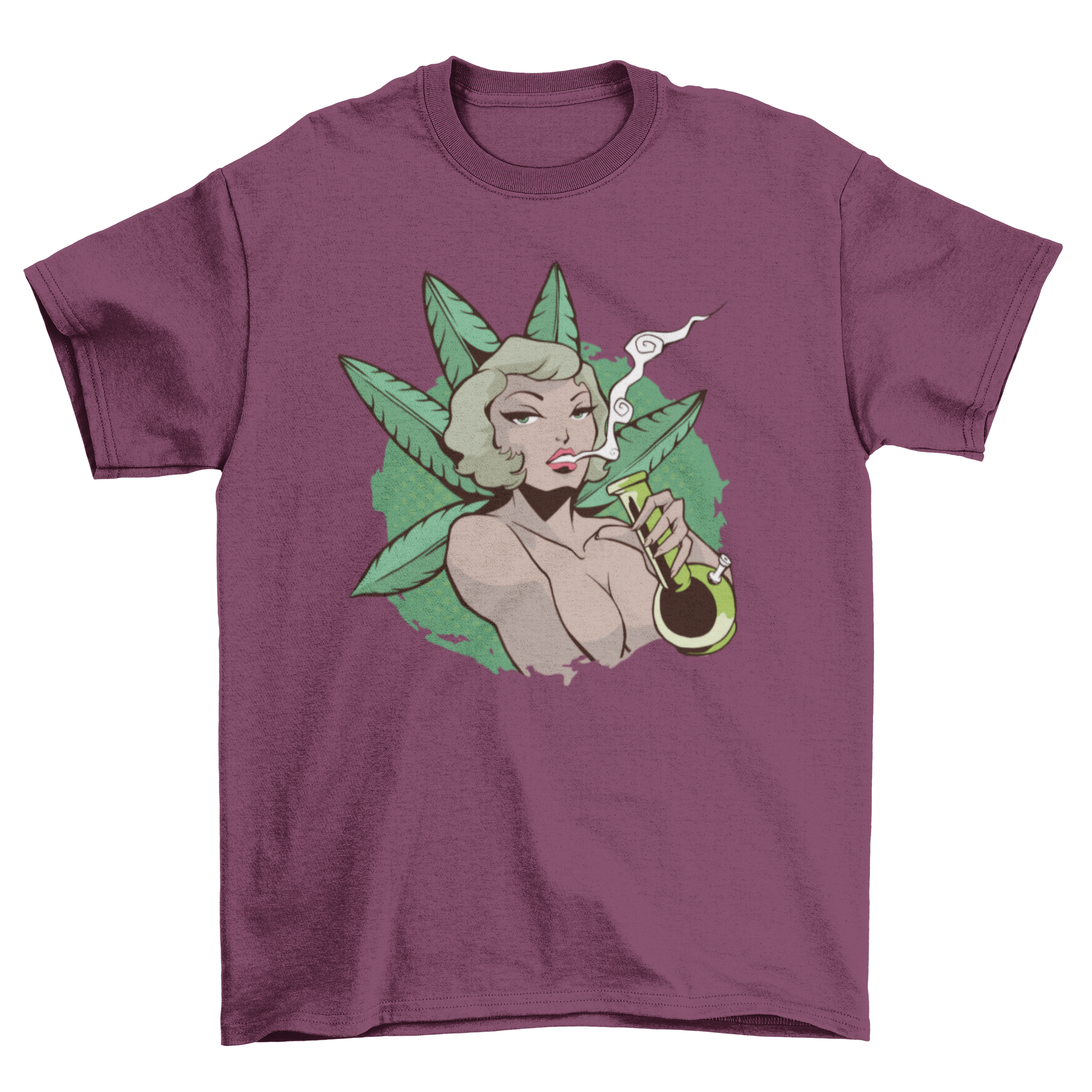 A stylish t-shirt featuring an illustration of a woman smoking from a bong, showcasing a unique design.