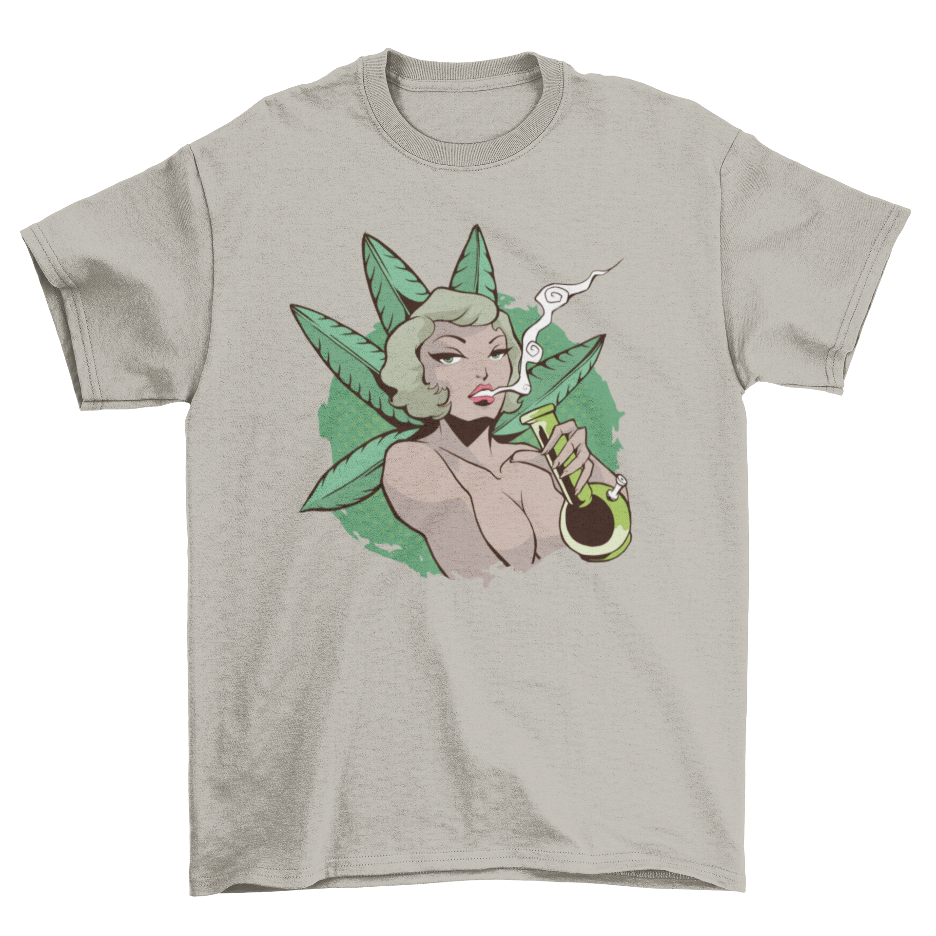 A stylish t-shirt featuring an illustration of a woman smoking from a bong, showcasing a unique design.