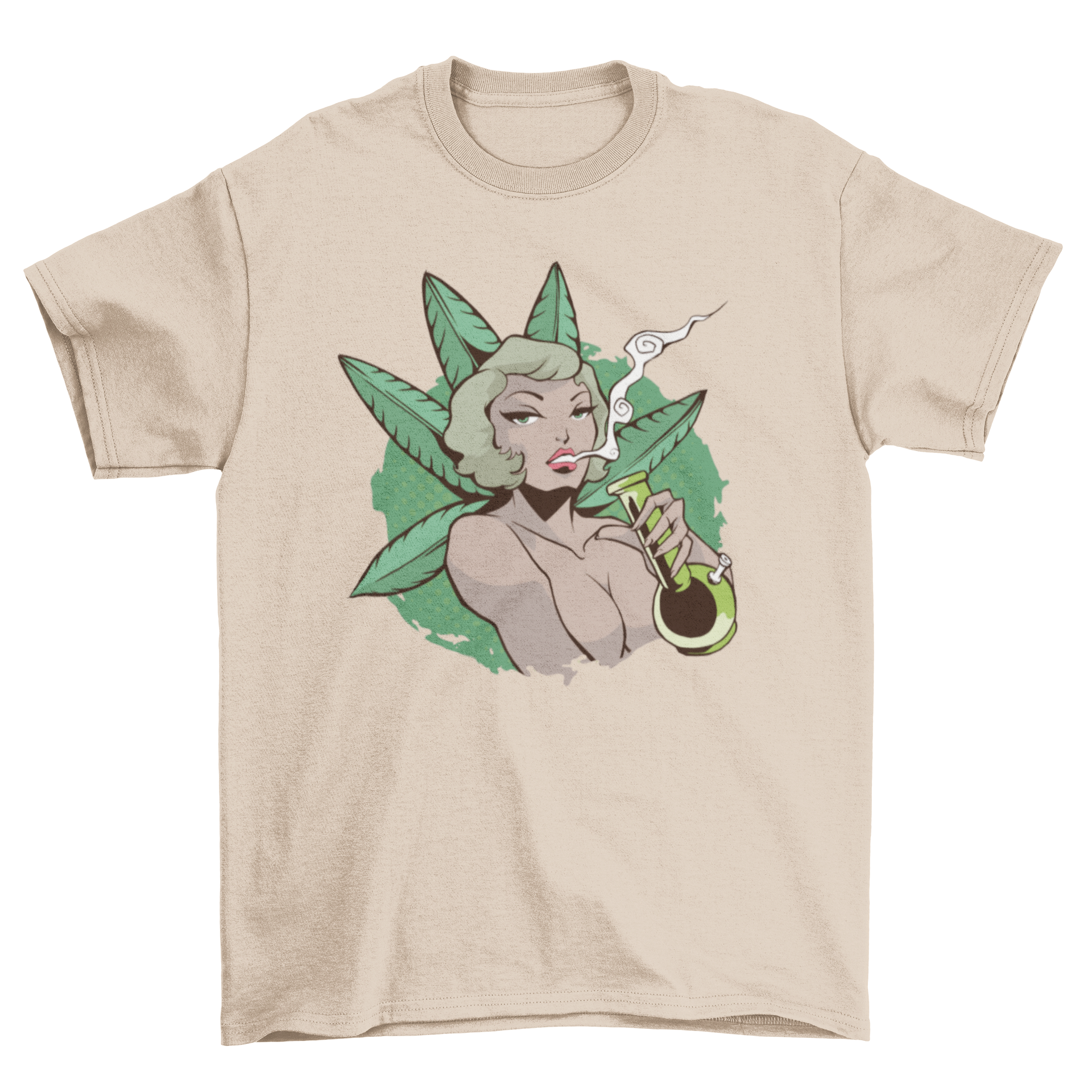 A stylish t-shirt featuring an illustration of a woman smoking from a bong, showcasing a unique design.