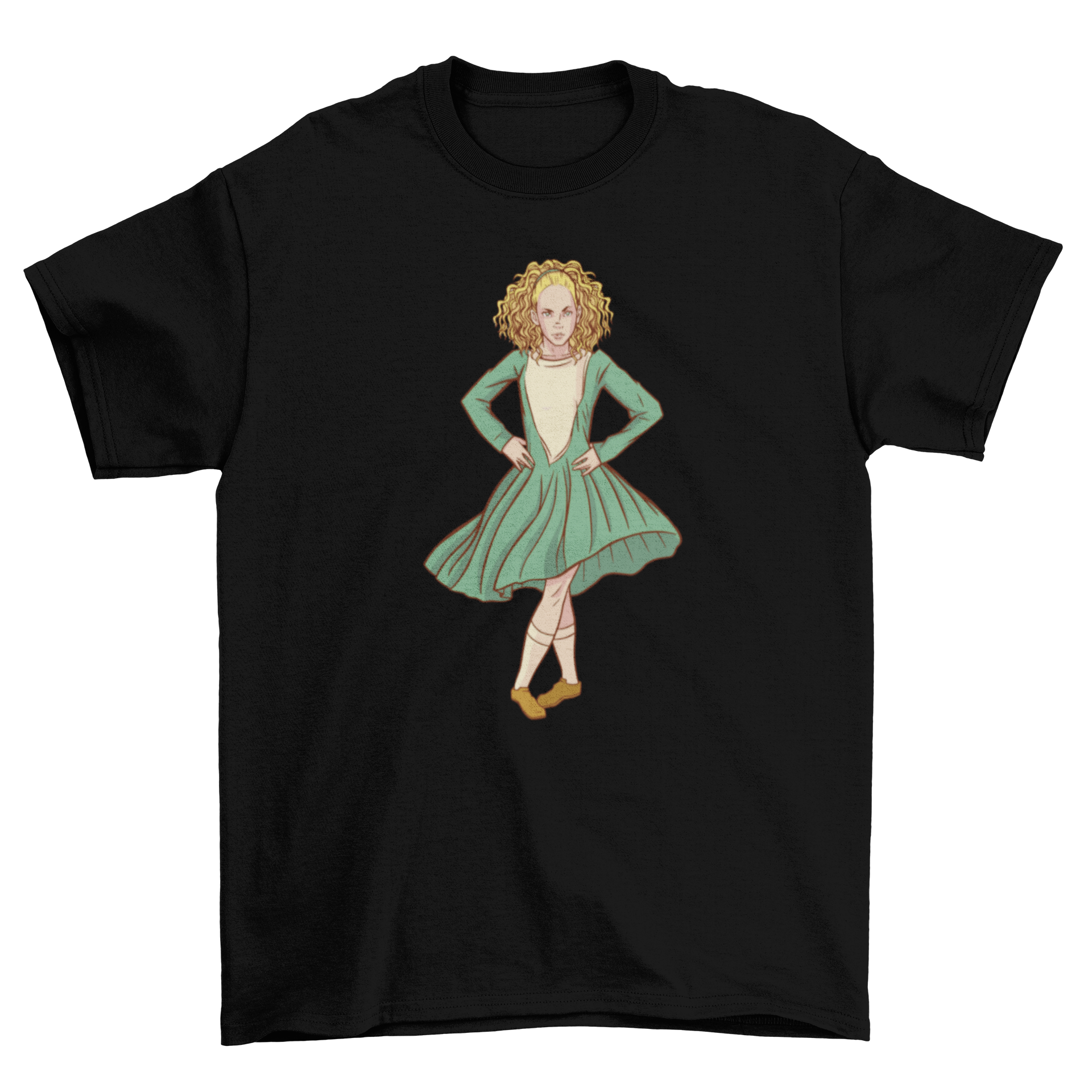 Woman wearing a vintage dress t-shirt with a stylish design, showcasing retro fashion.