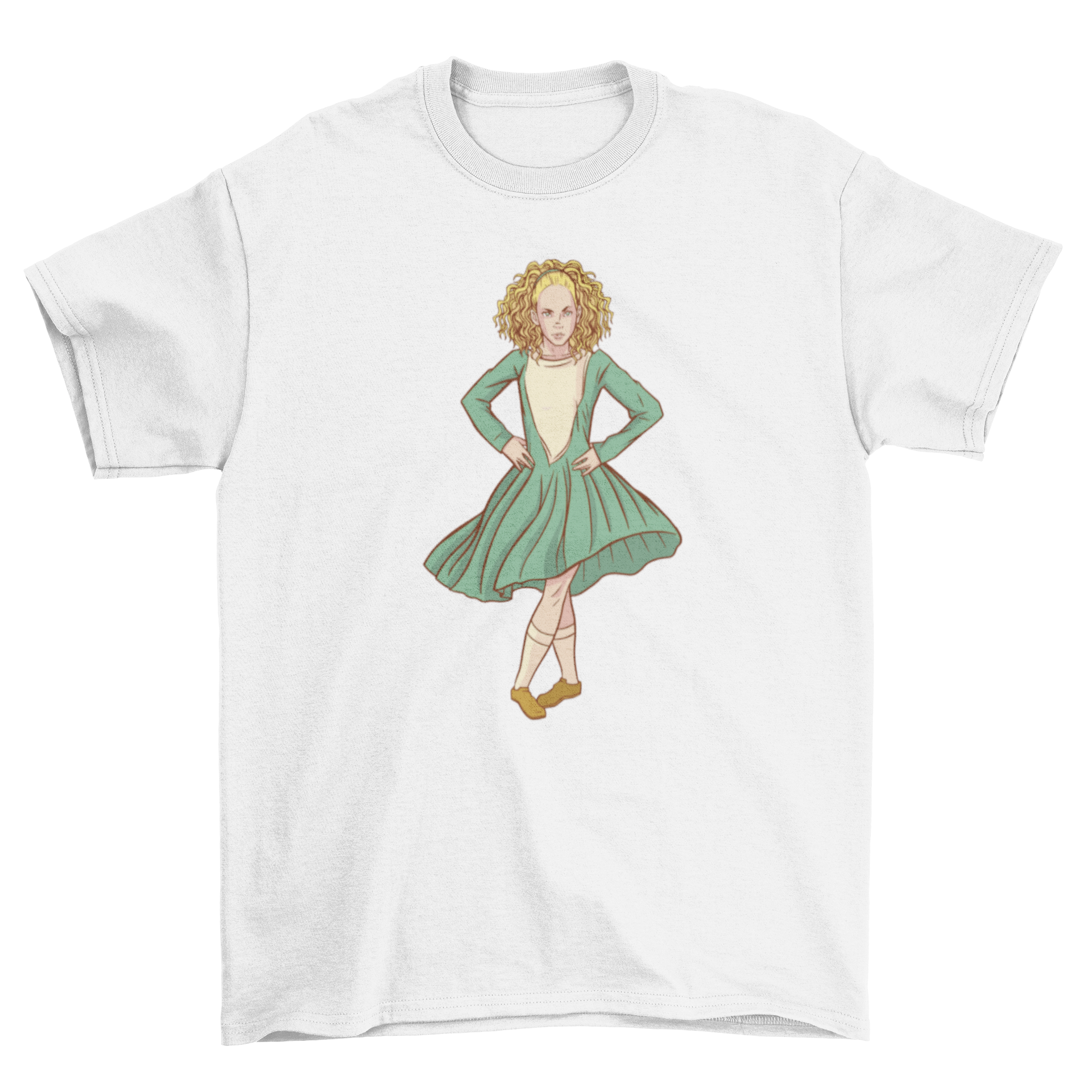 Woman wearing a vintage dress t-shirt with a stylish design, showcasing retro fashion.