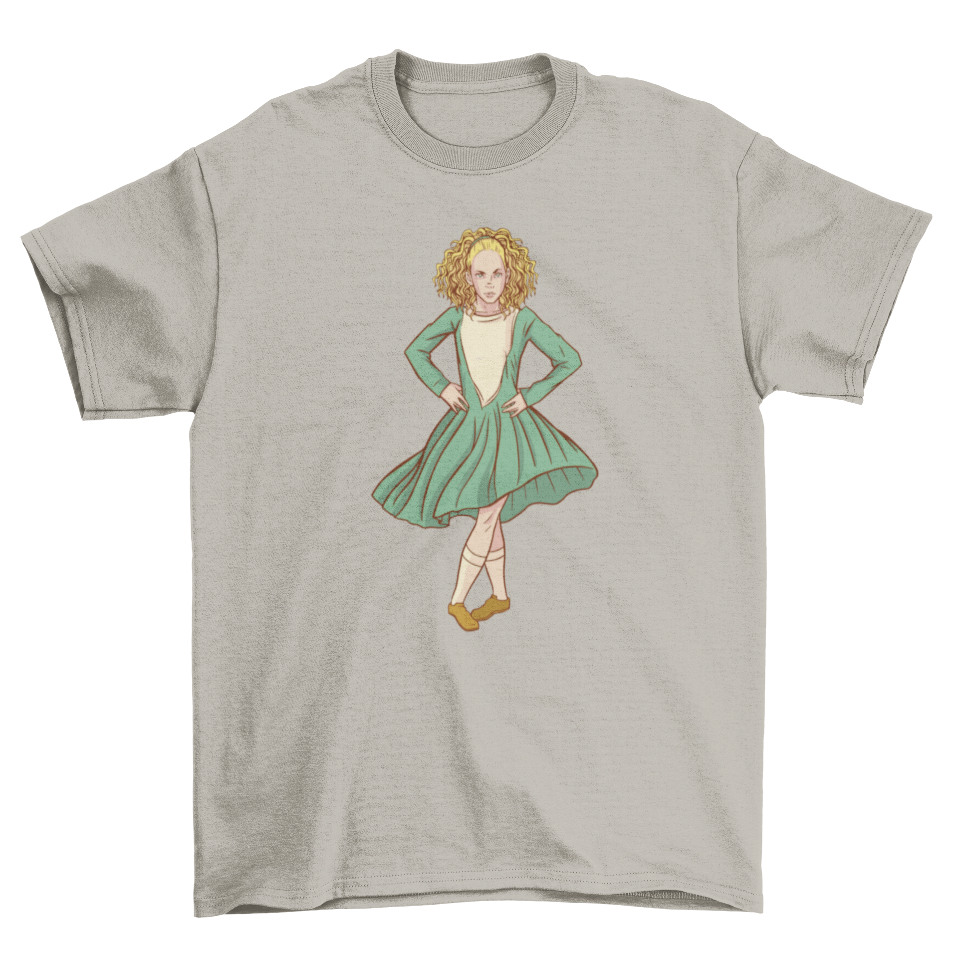 Woman wearing a vintage dress t-shirt with a stylish design, showcasing retro fashion.