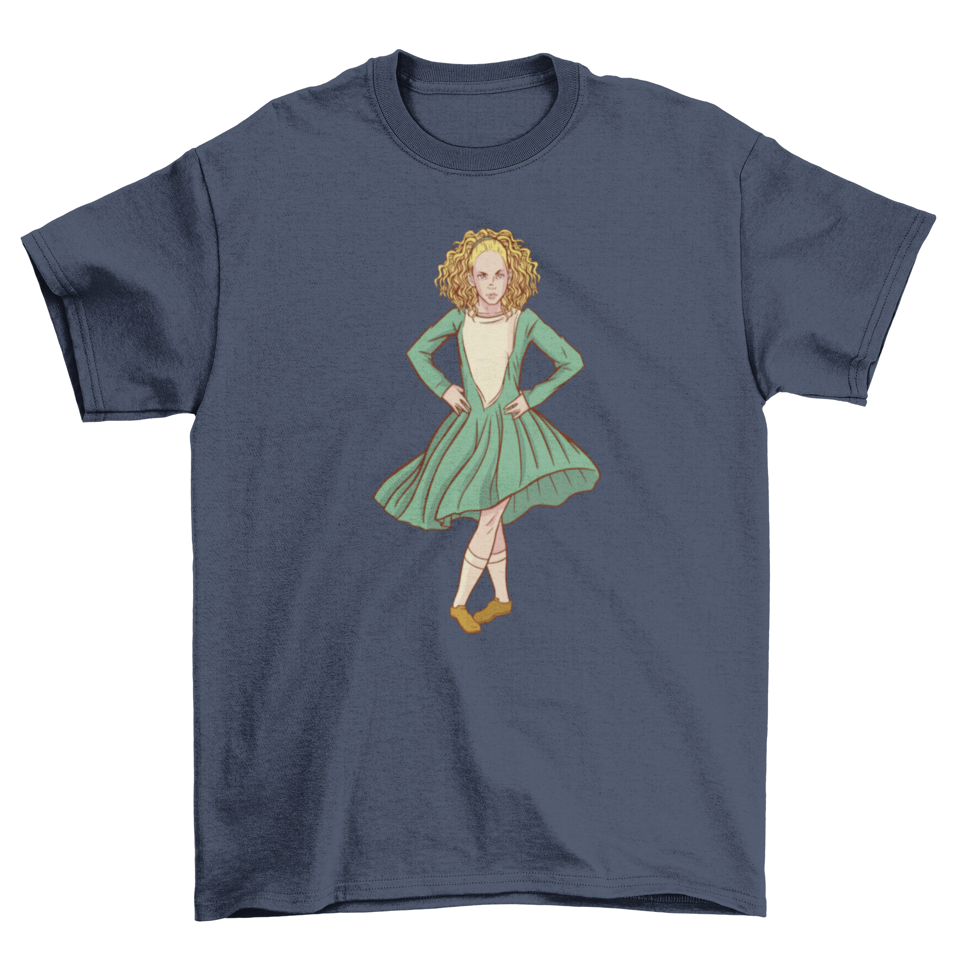 Woman wearing a vintage dress t-shirt with a stylish design, showcasing retro fashion.