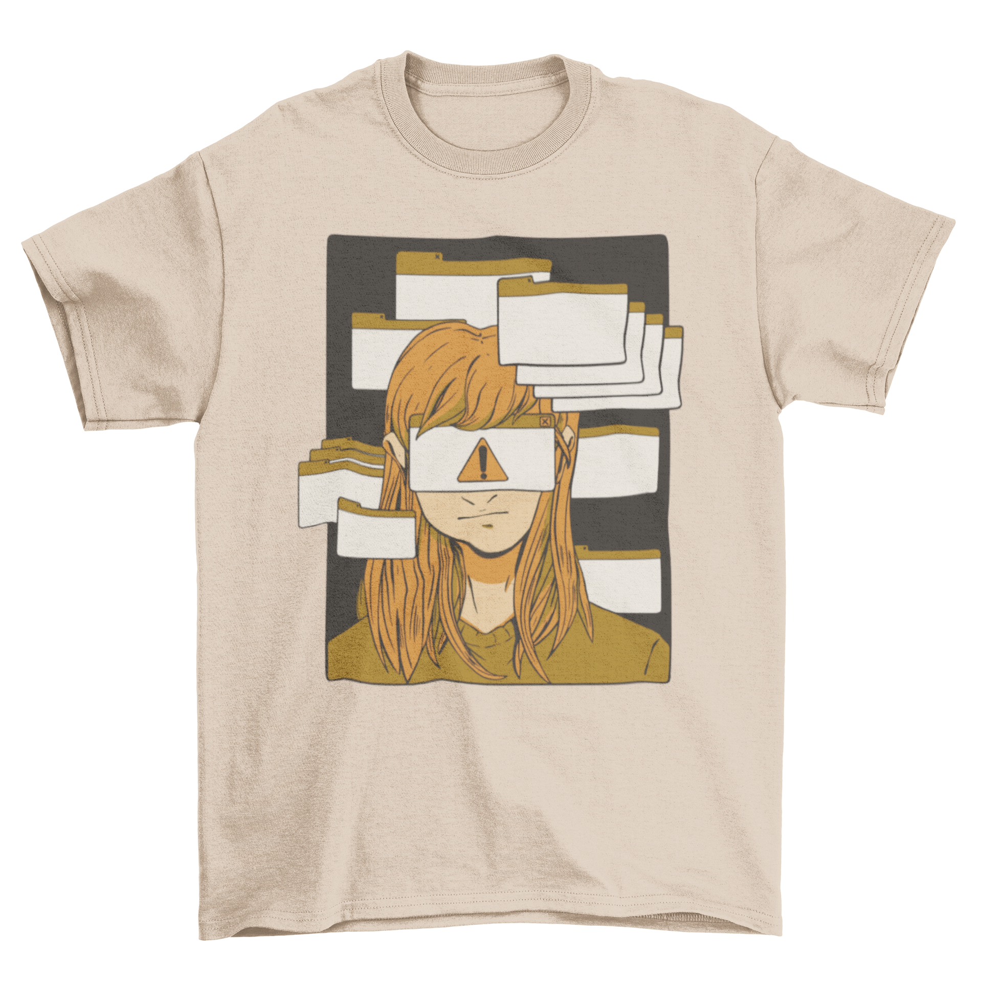 A stylish t-shirt featuring a woman with multiple computer tabs on her face, symbolizing ADHD awareness.