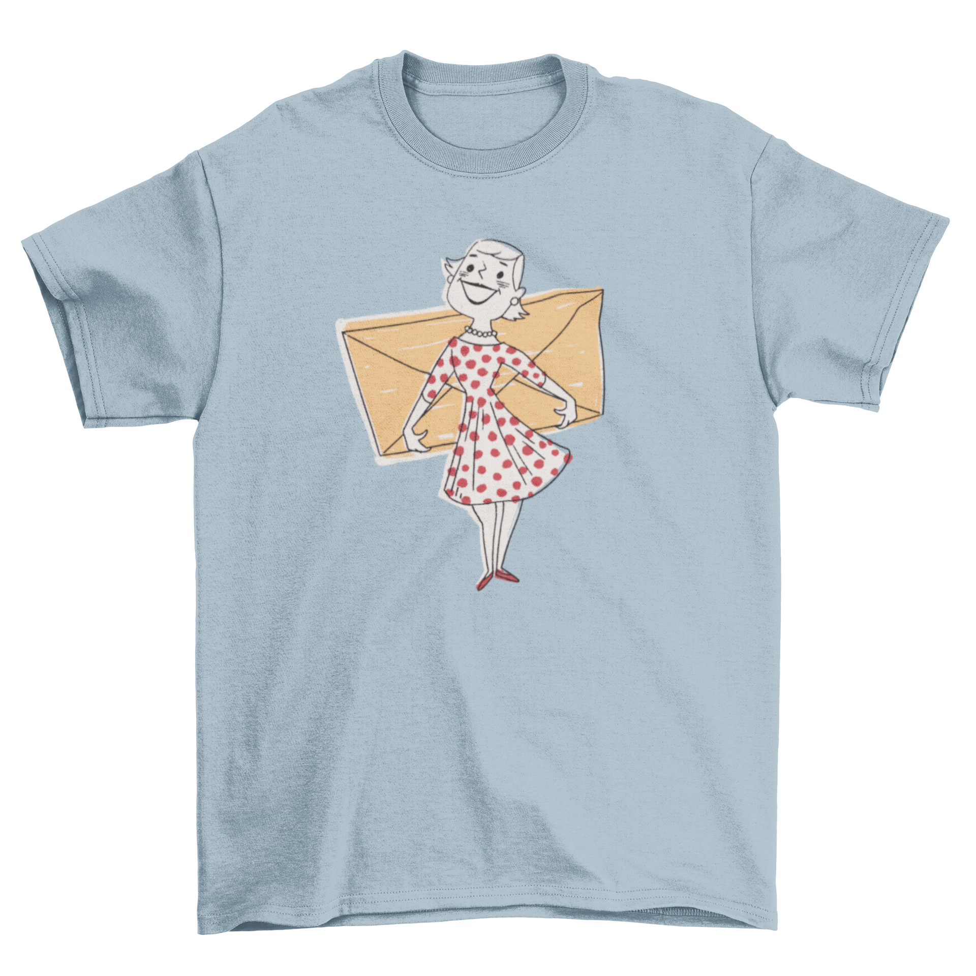 Stylish t-shirt featuring a woman holding a large envelope, showcasing a unique and artistic design.